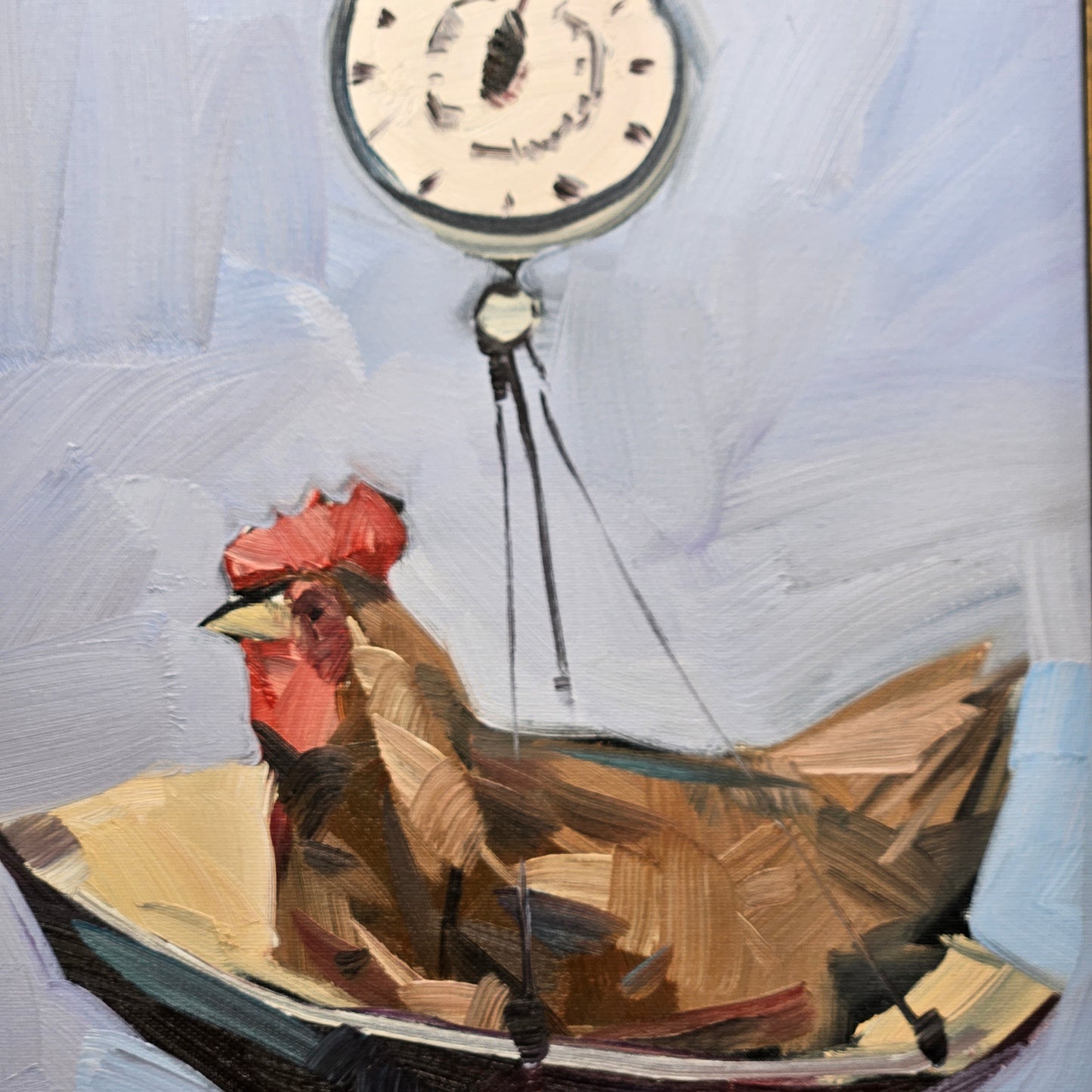 Jose Trujillo Original Oil Painting on Canvas of Chicken on Scale in Black Frame