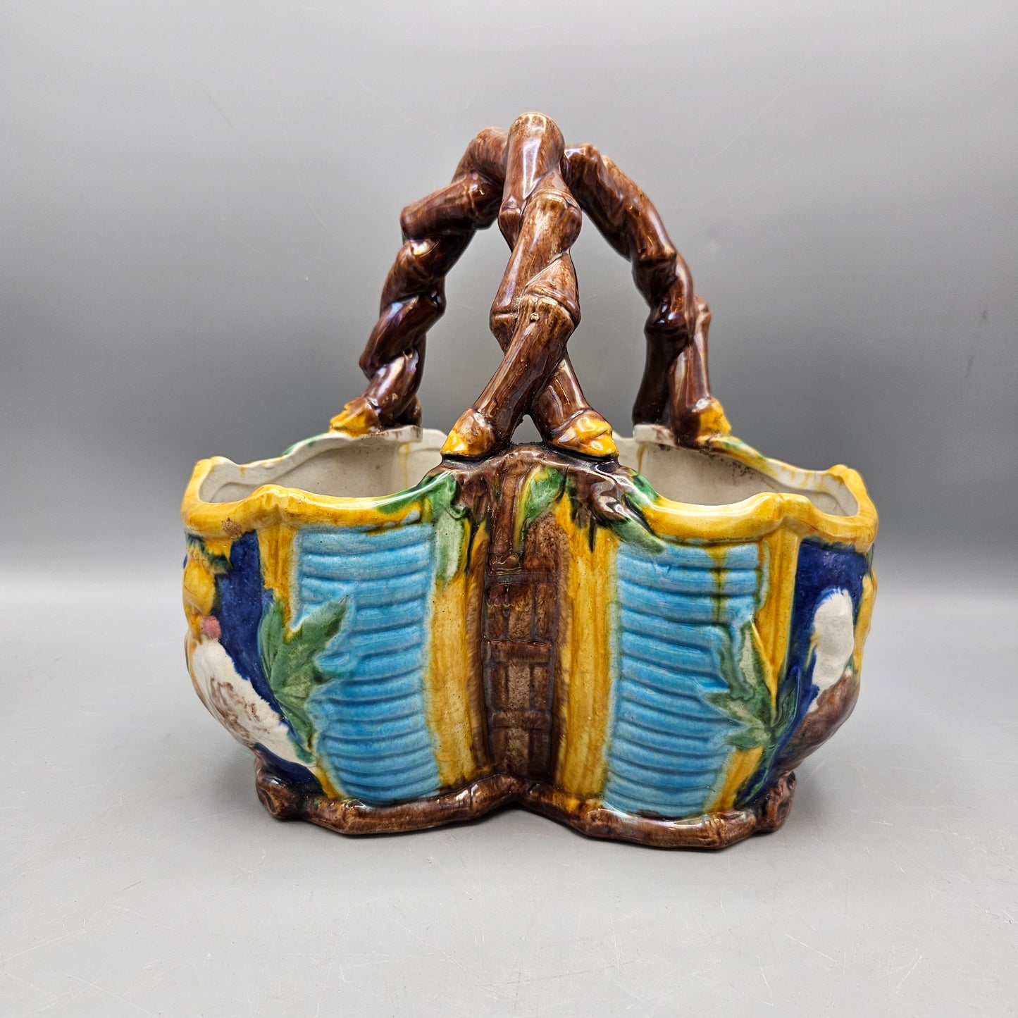 Vintage Majolica Faux Bois Basket with Stick Handle