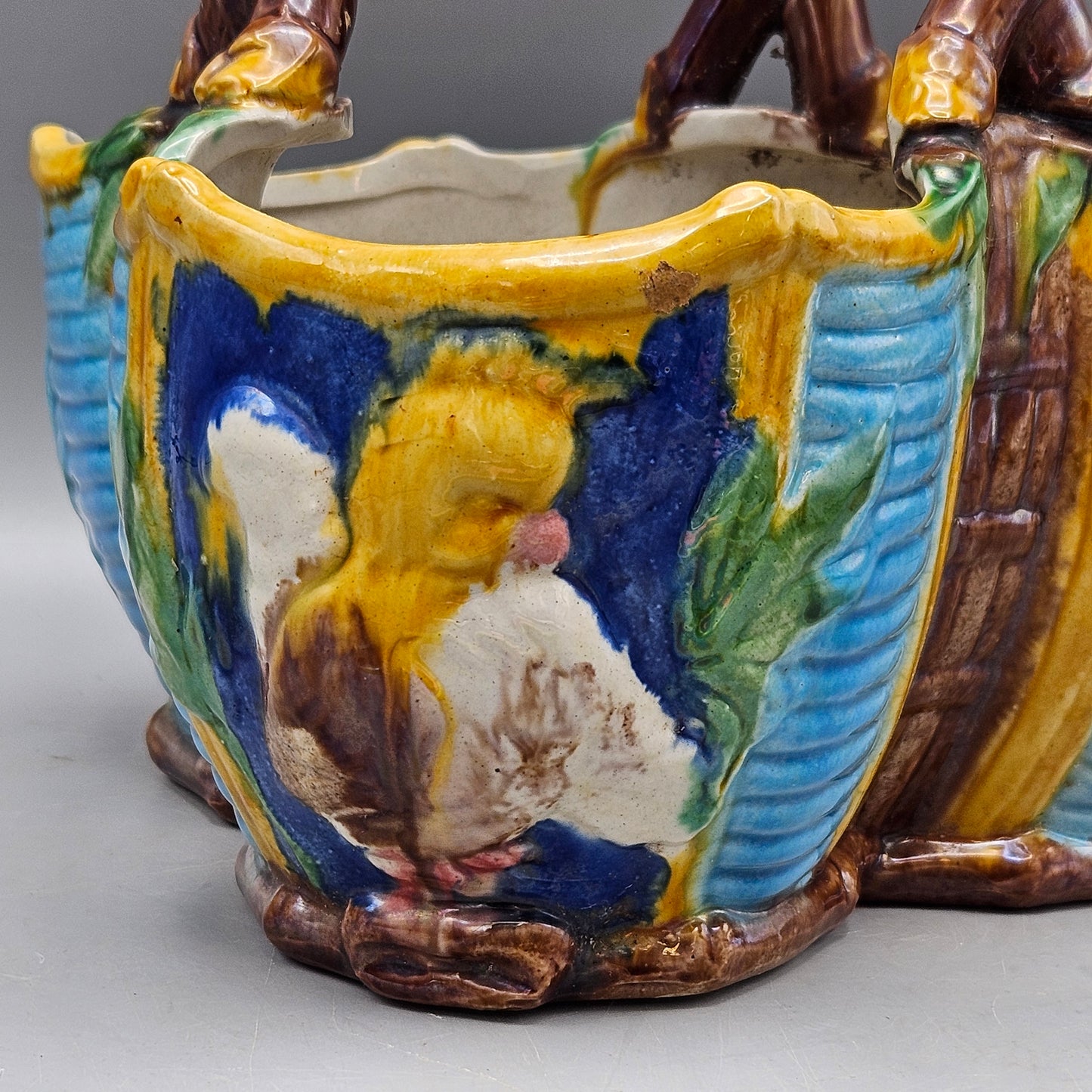 Vintage Majolica Faux Bois Basket with Stick Handle