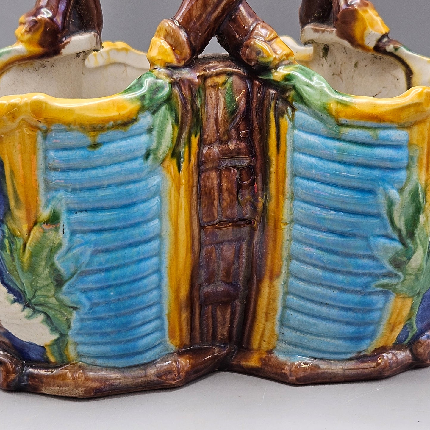 Vintage Majolica Faux Bois Basket with Stick Handle