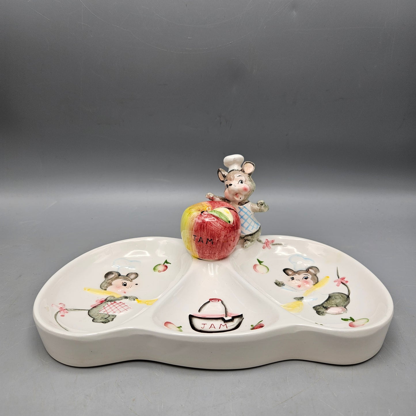 Lefton Porcelain Jam Tray with Mice and Apple