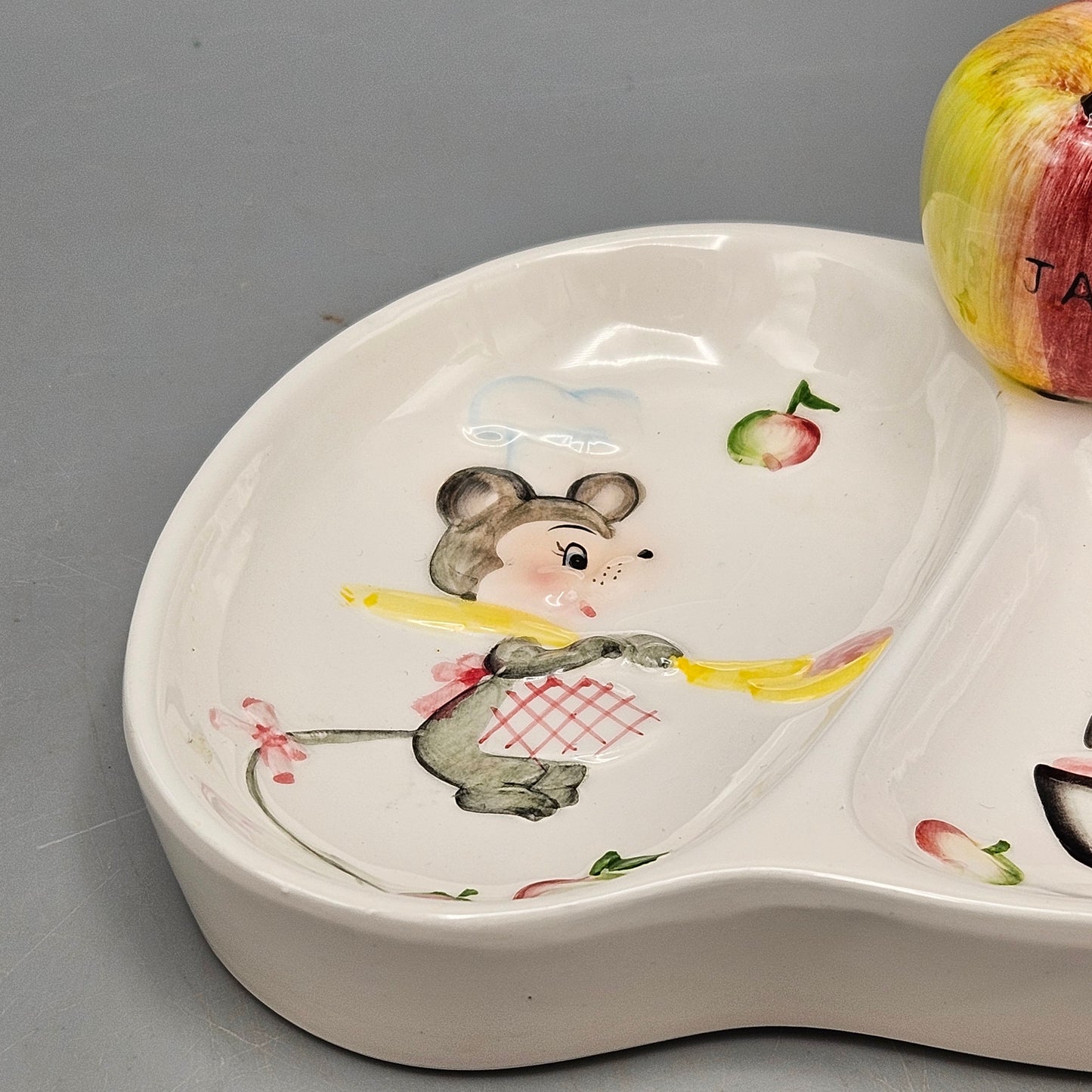 Lefton Porcelain Jam Tray with Mice and Apple