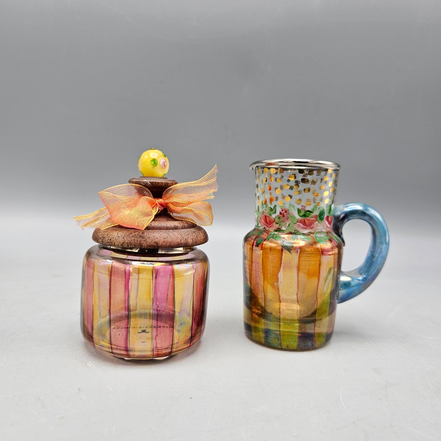 Vintage Mackenzie Childs Creamer Mini Pitcher & Sugar Blown Glass Hand Painted