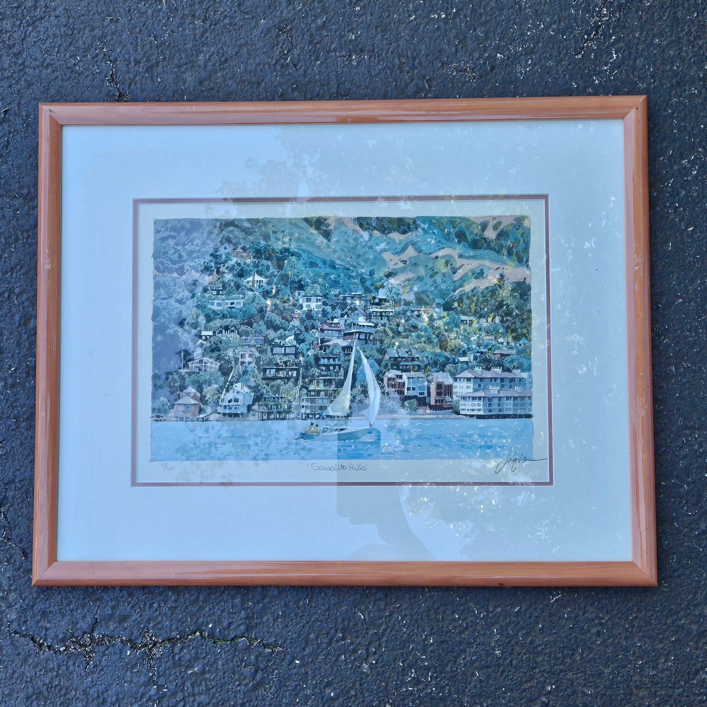 Joe Jaqua Signed Limited Edition Lithograph of Sausalito Hills with Sailboat