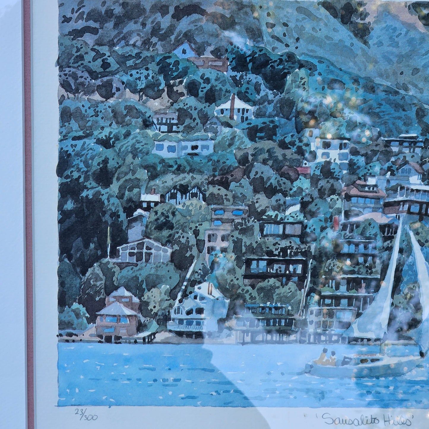 Joe Jaqua Signed Limited Edition Lithograph of Sausalito Hills with Sailboat