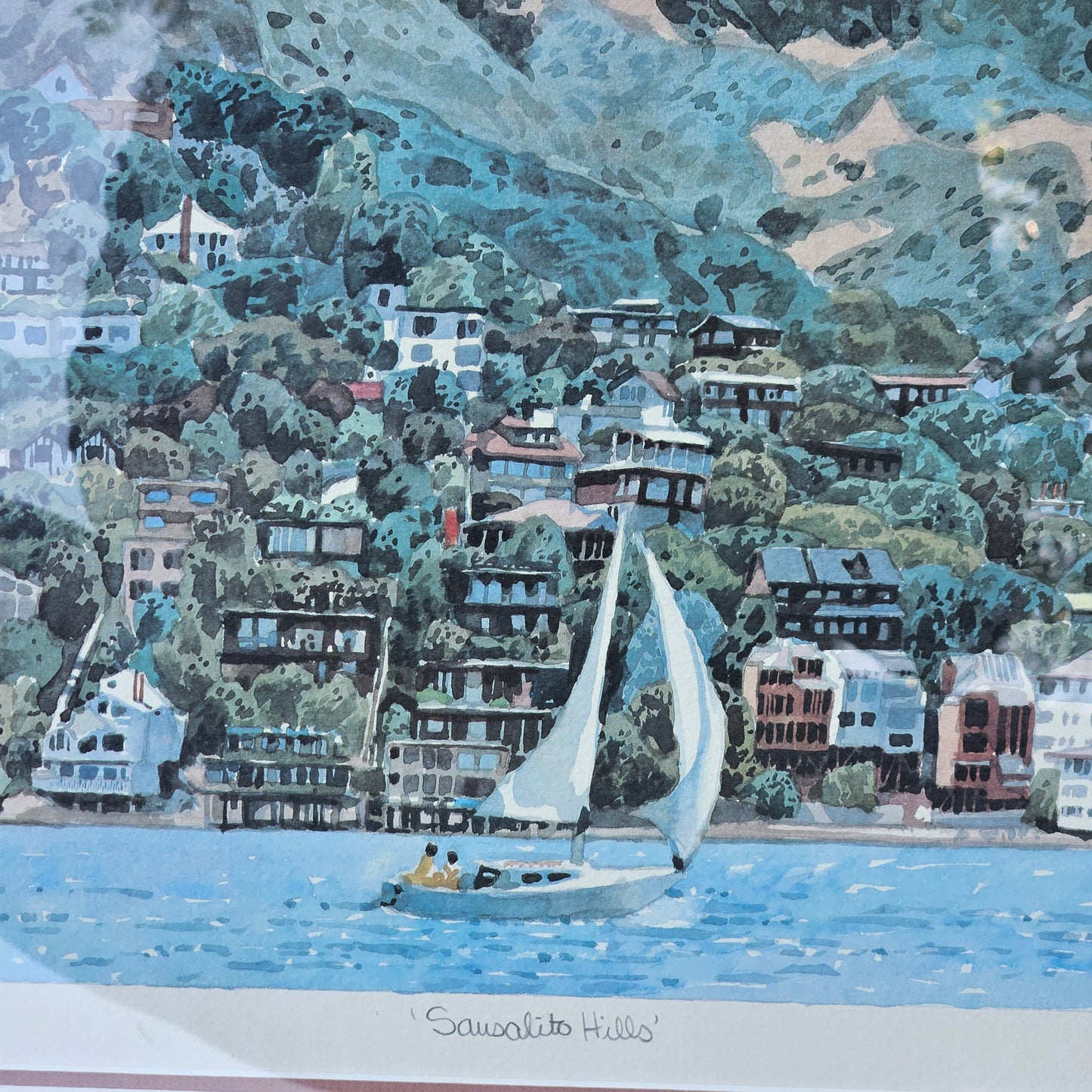 Joe Jaqua Signed Limited Edition Lithograph of Sausalito Hills with Sailboat