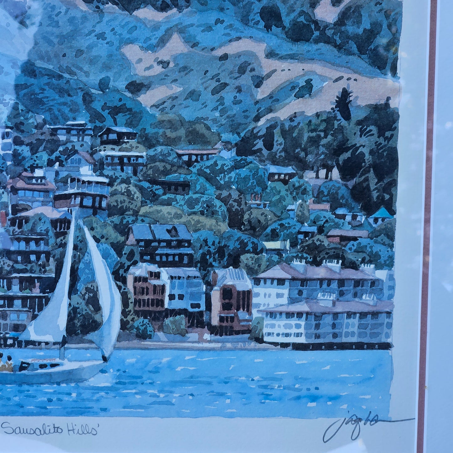Joe Jaqua Signed Limited Edition Lithograph of Sausalito Hills with Sailboat
