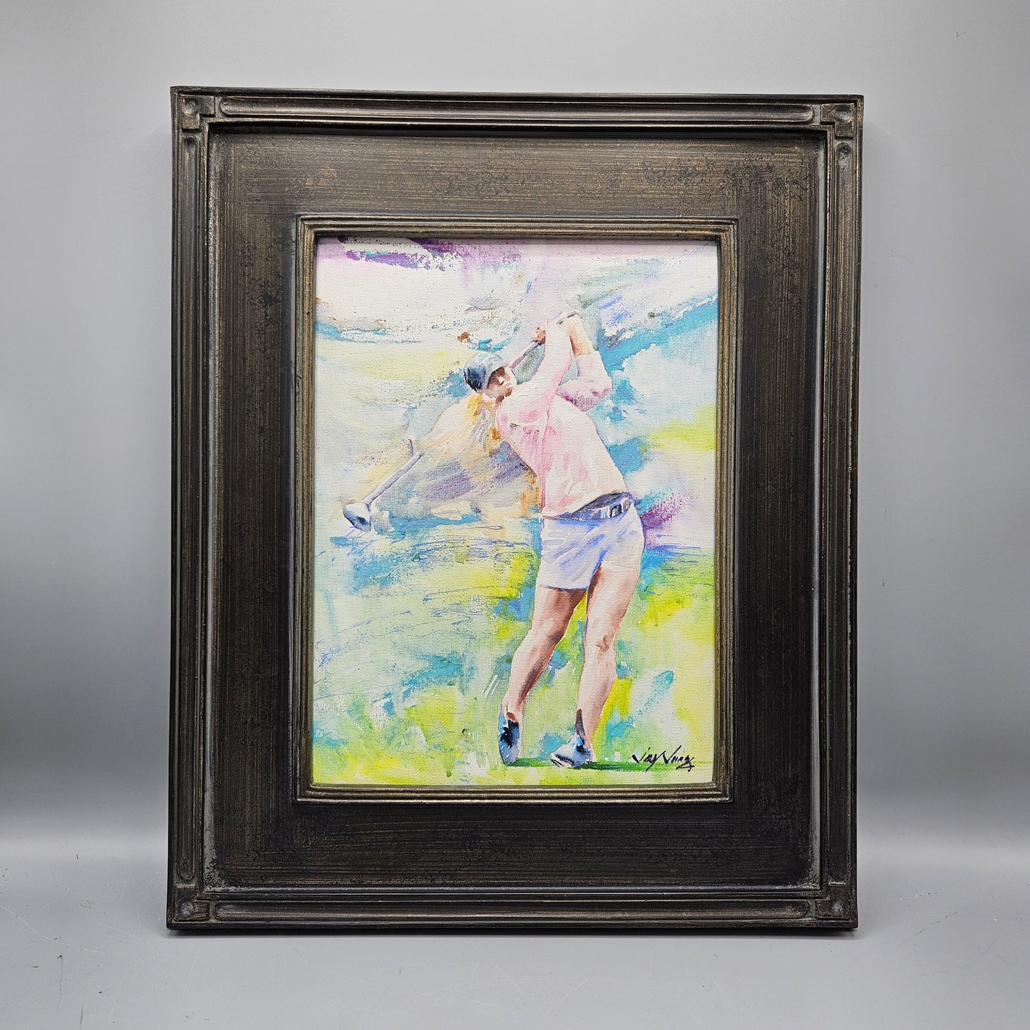 Signed Gold Themed Original Painting on Canvas of Woman Golfer in Black Frame
