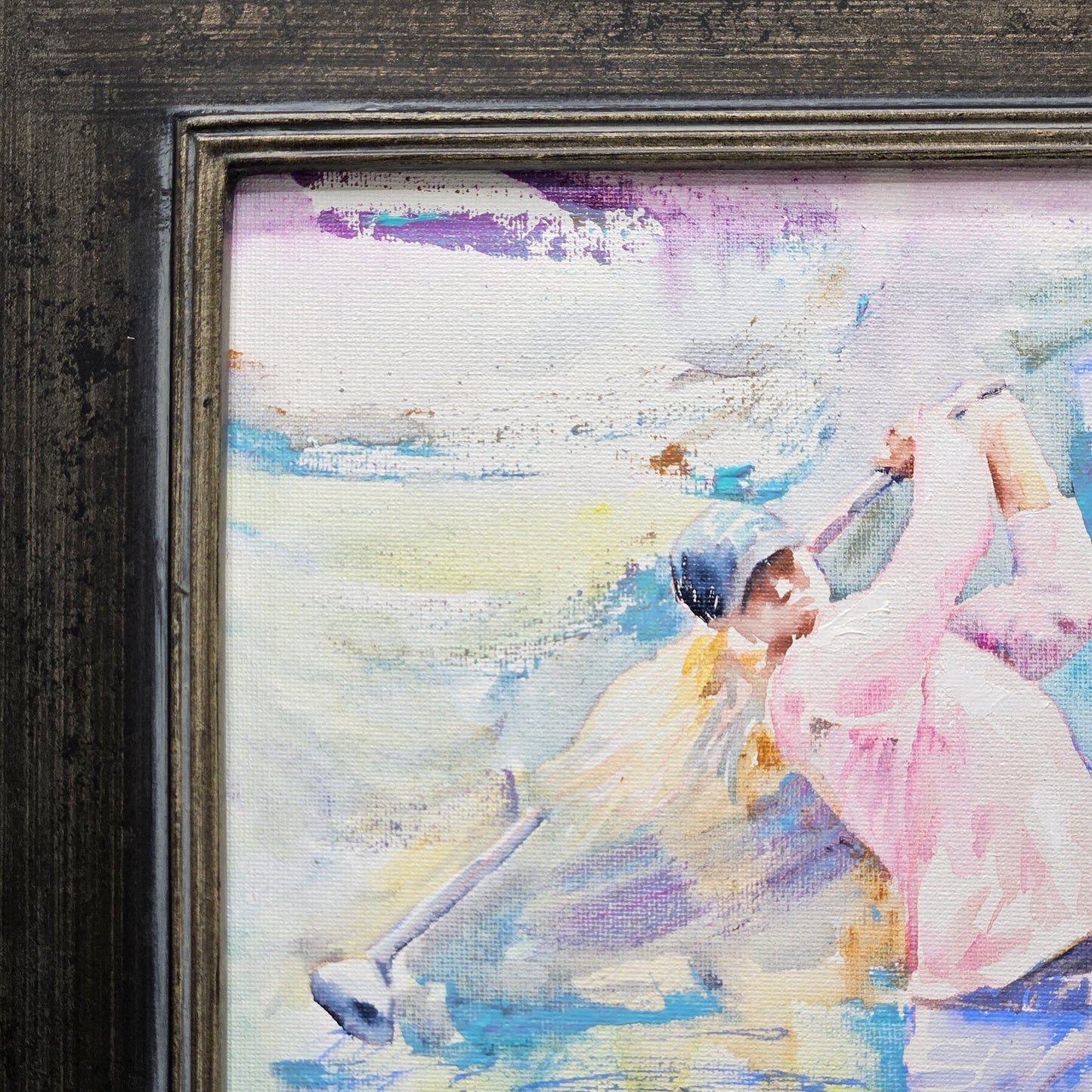 Signed Gold Themed Original Painting on Canvas of Woman Golfer in Black Frame