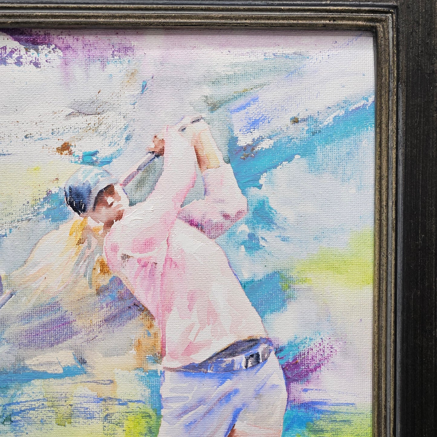 Signed Gold Themed Original Painting on Canvas of Woman Golfer in Black Frame