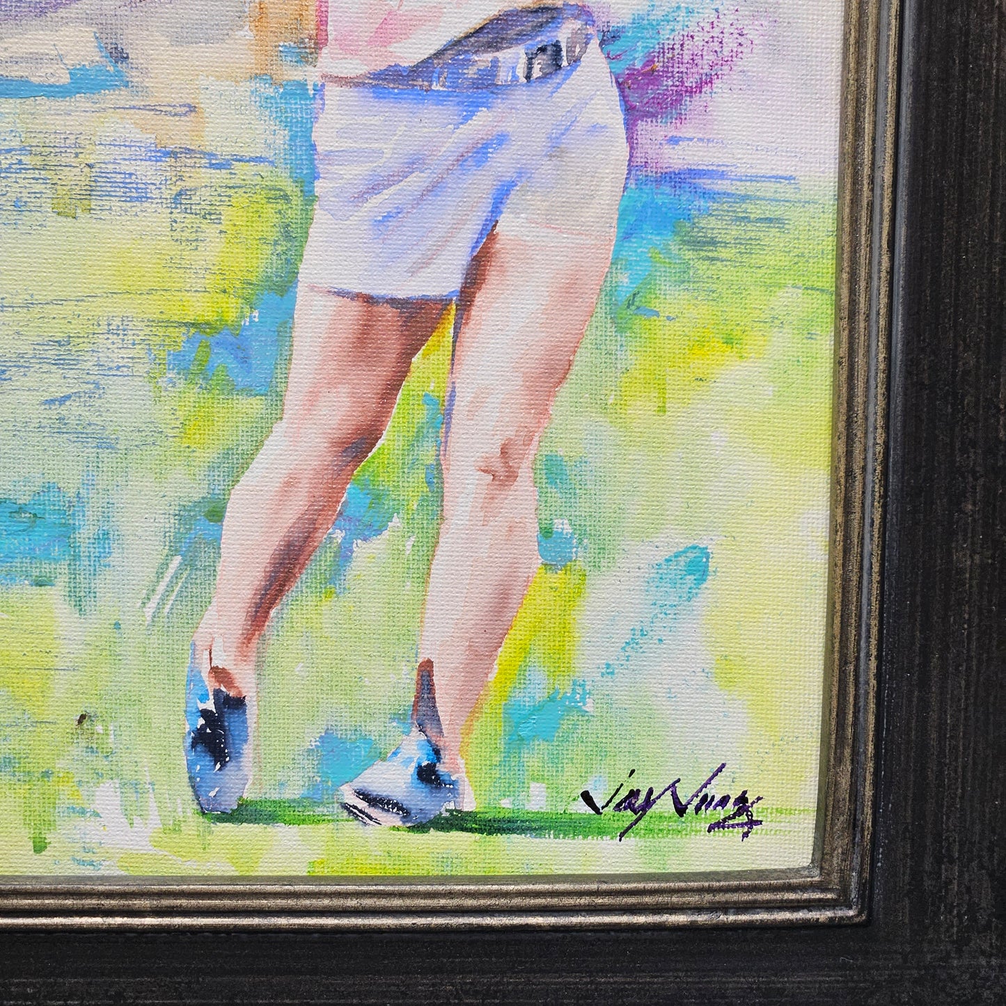 Signed Gold Themed Original Painting on Canvas of Woman Golfer in Black Frame