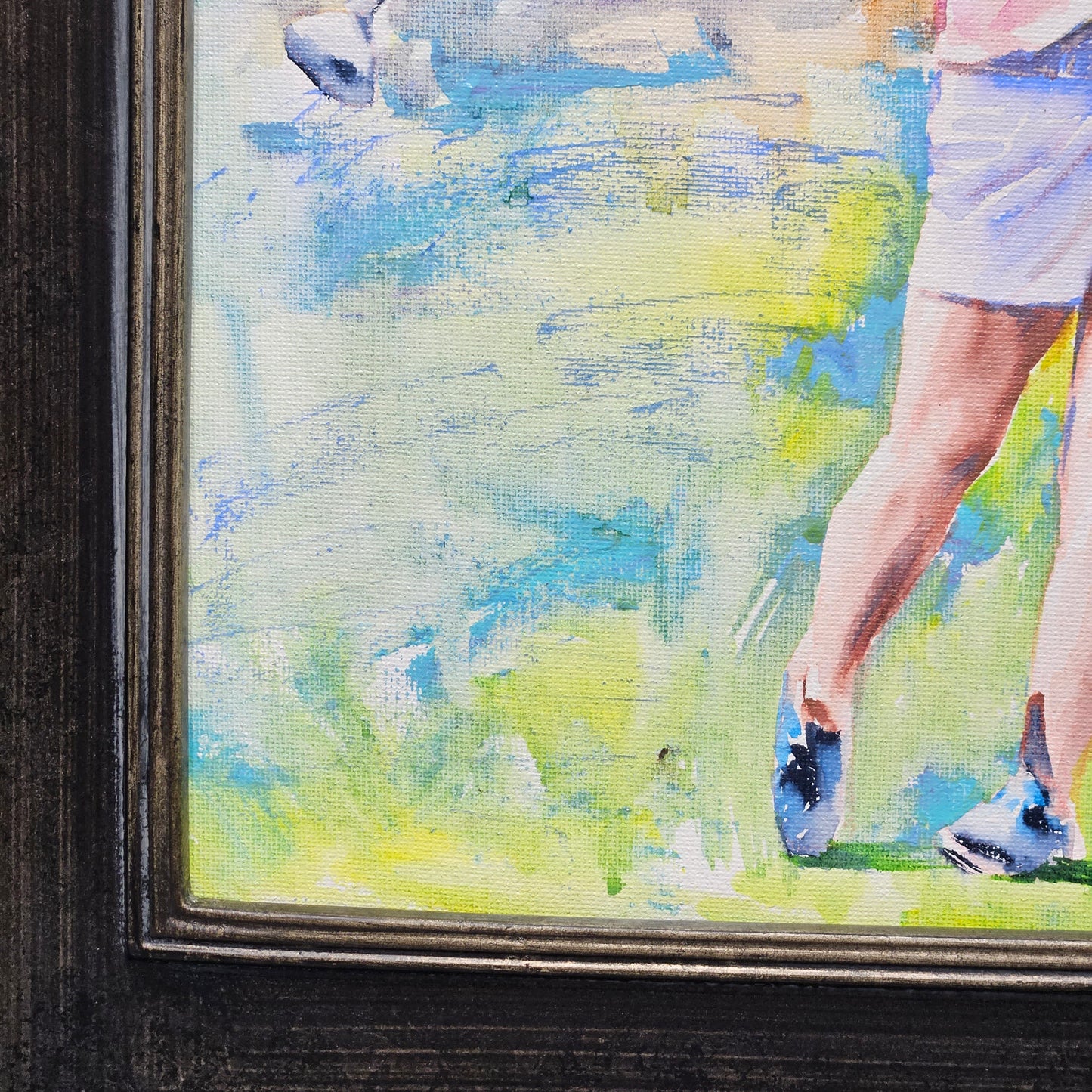 Signed Gold Themed Original Painting on Canvas of Woman Golfer in Black Frame