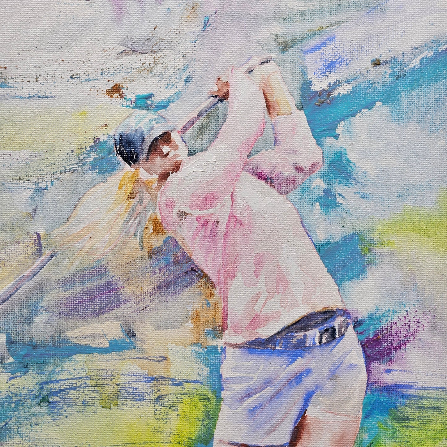 Signed Gold Themed Original Painting on Canvas of Woman Golfer in Black Frame