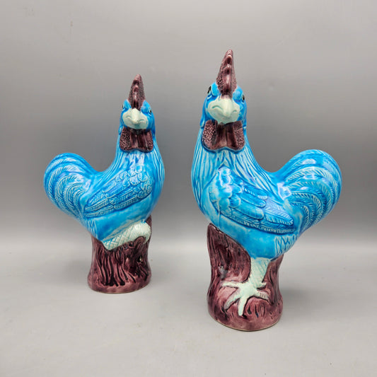 Pair of Asian Chinese Export Style Porcelain Turquoise and Roosters