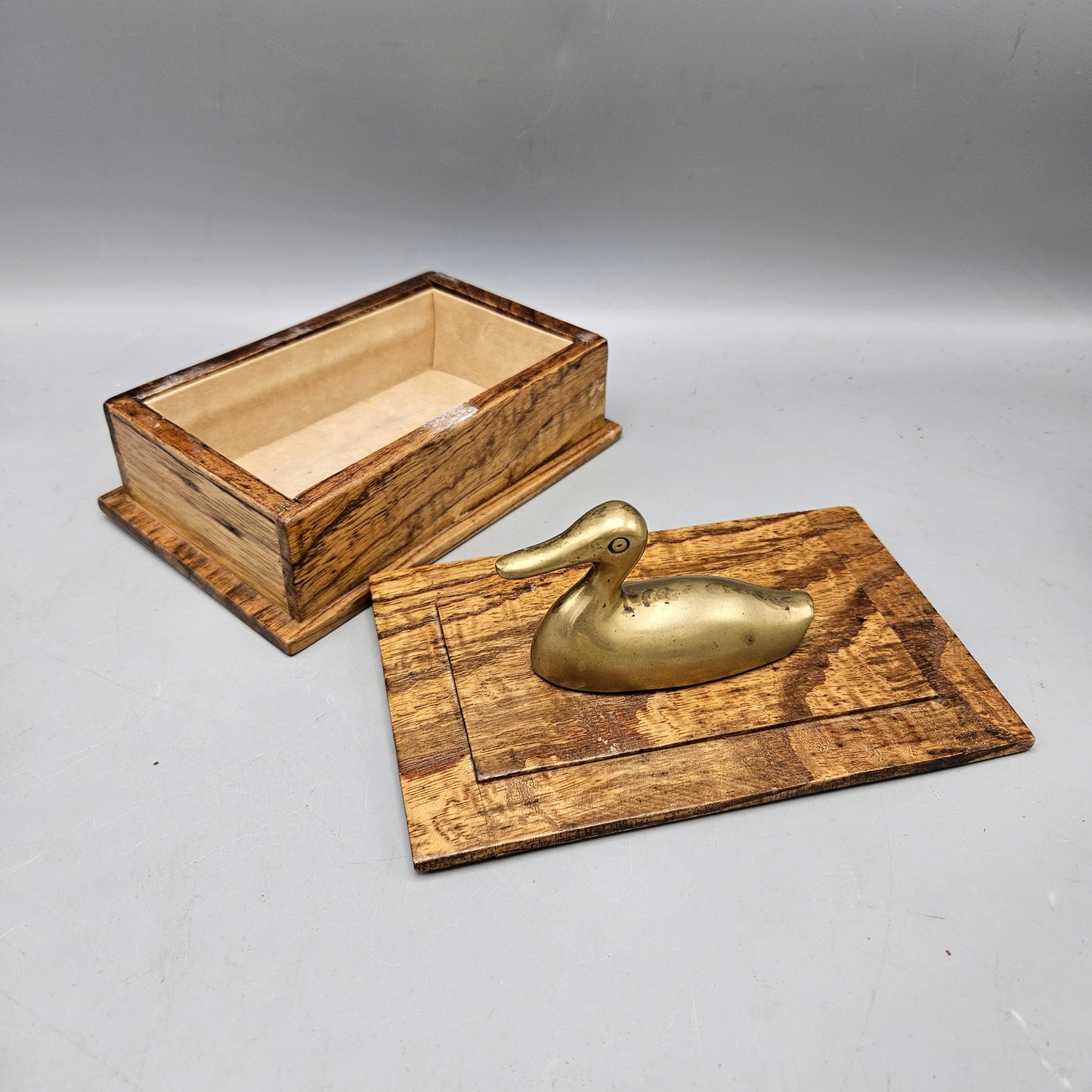 Vintage Wooden Box with Brass Duck Decoy Decoration