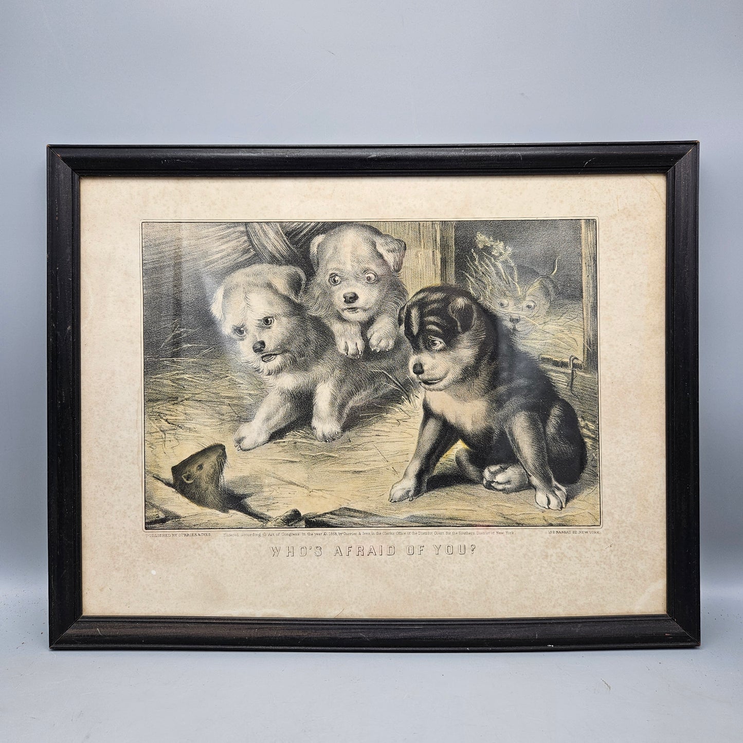 Currier & Ives, Dogs and Mouse, Who’s Afraid of You, Antique Etching