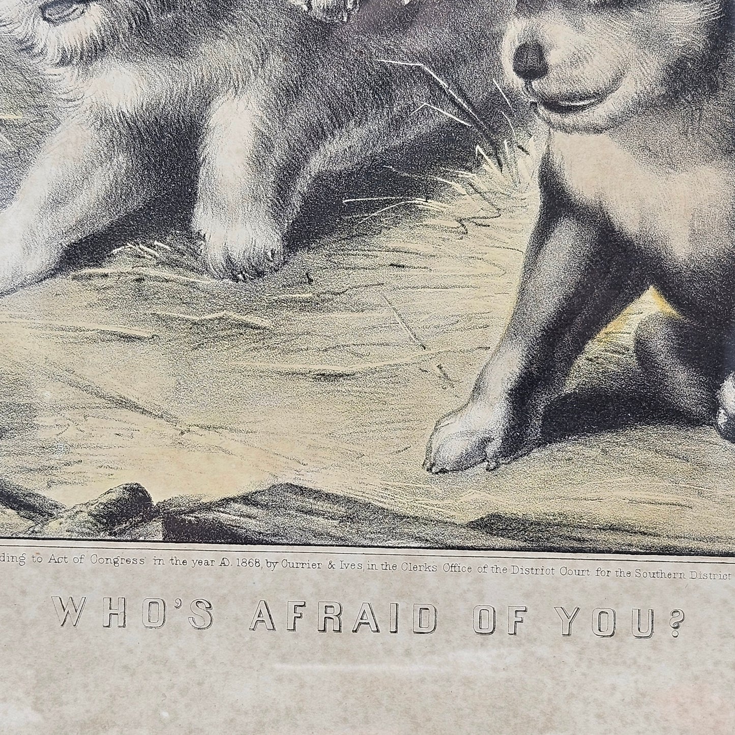 Currier & Ives, Dogs and Mouse, Who’s Afraid of You, Antique Etching