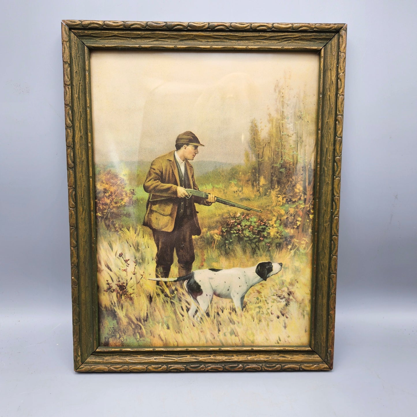 Antique Framed Print of Man Hunting with Dog
