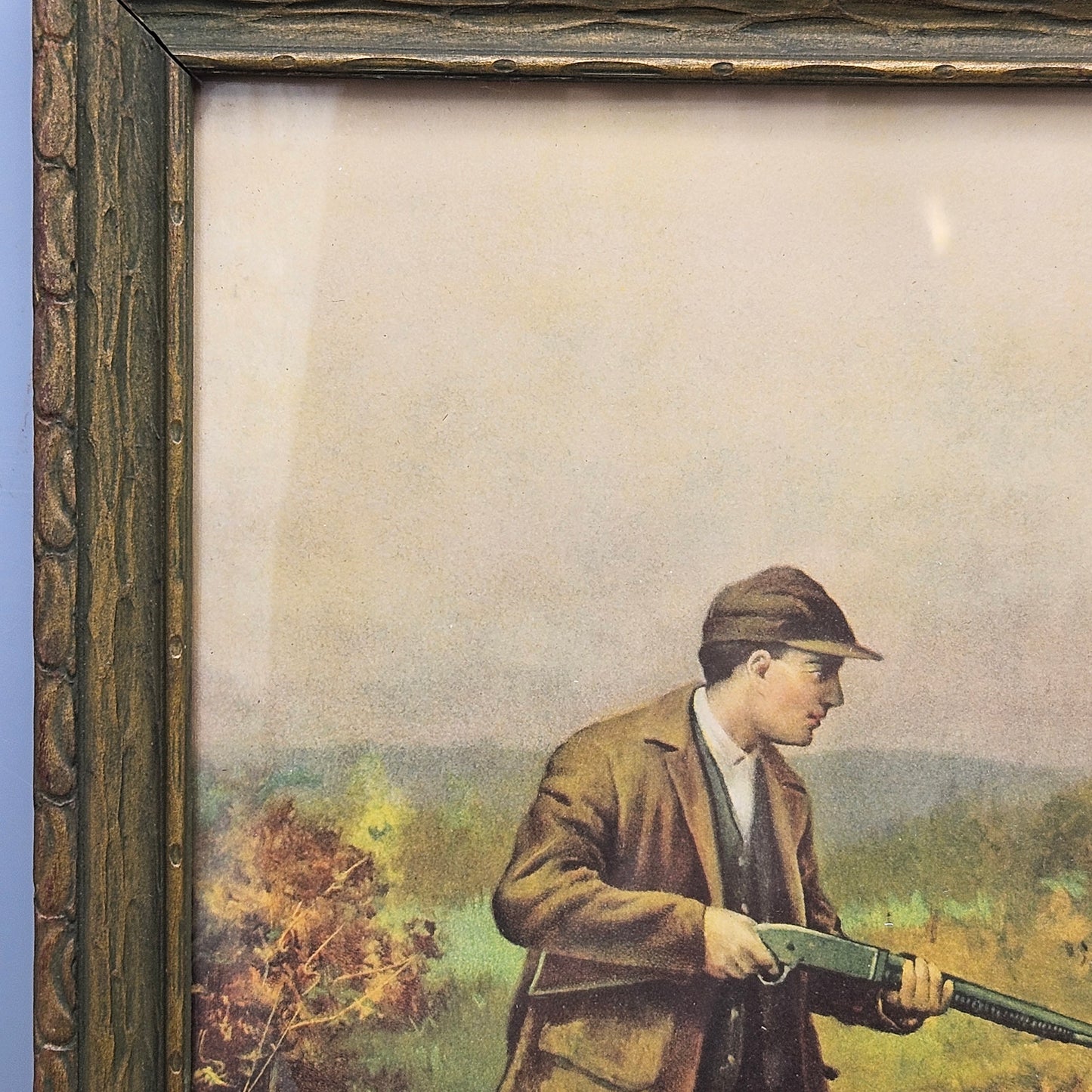 Antique Framed Print of Man Hunting with Dog