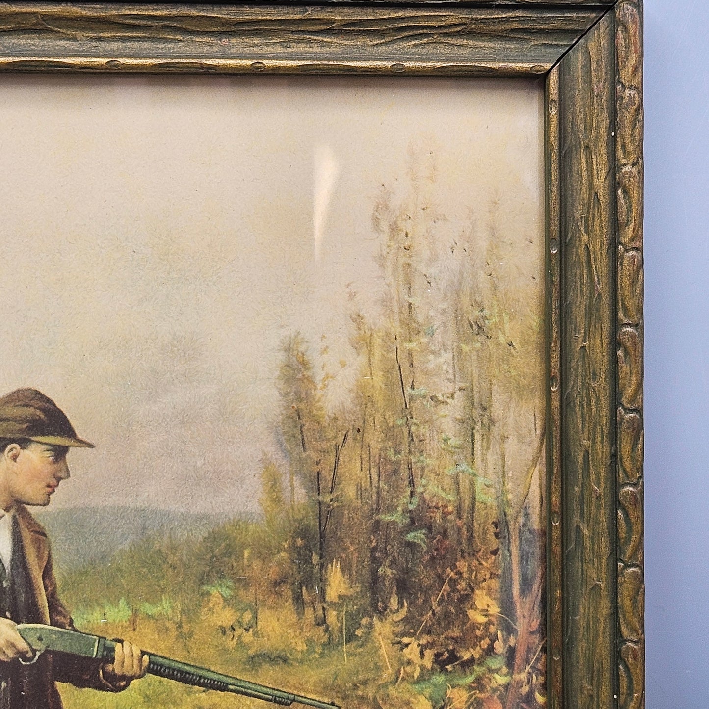 Antique Framed Print of Man Hunting with Dog