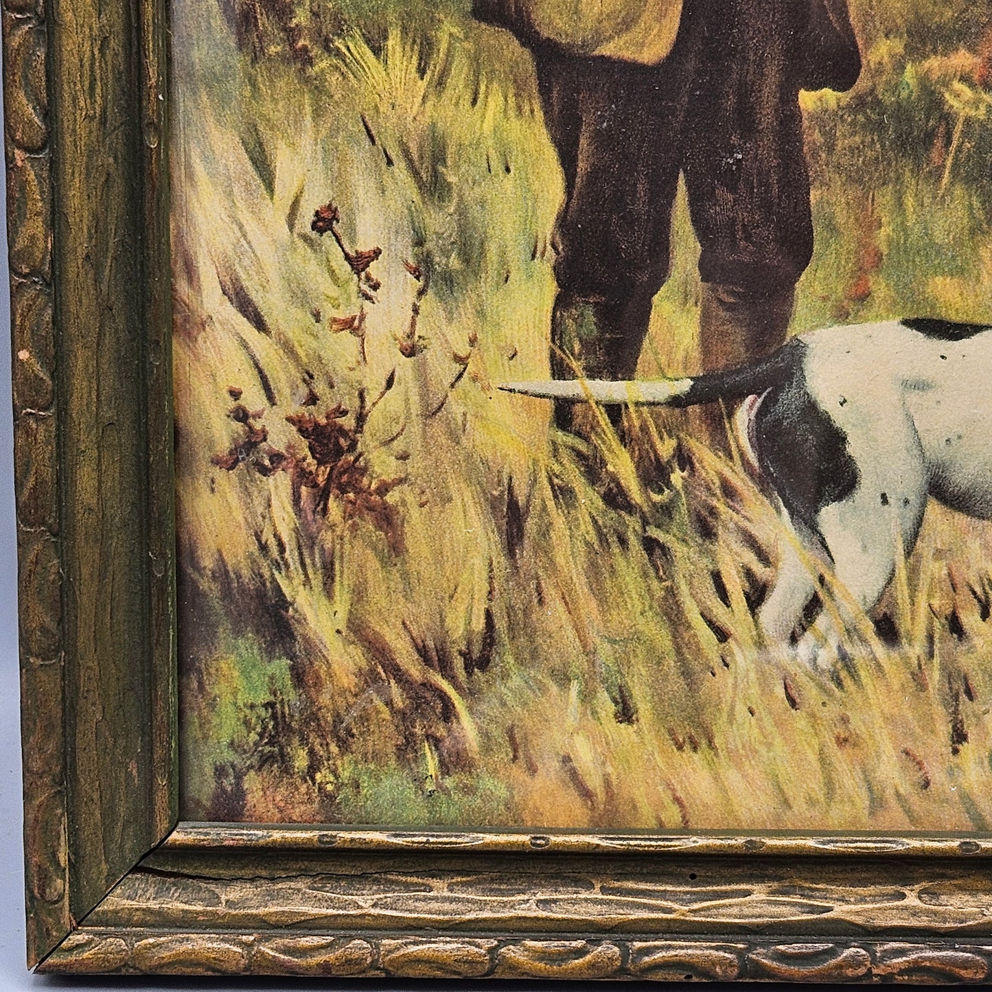 Antique Framed Print of Man Hunting with Dog