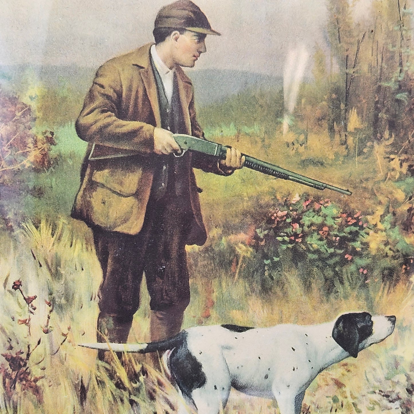 Antique Framed Print of Man Hunting with Dog