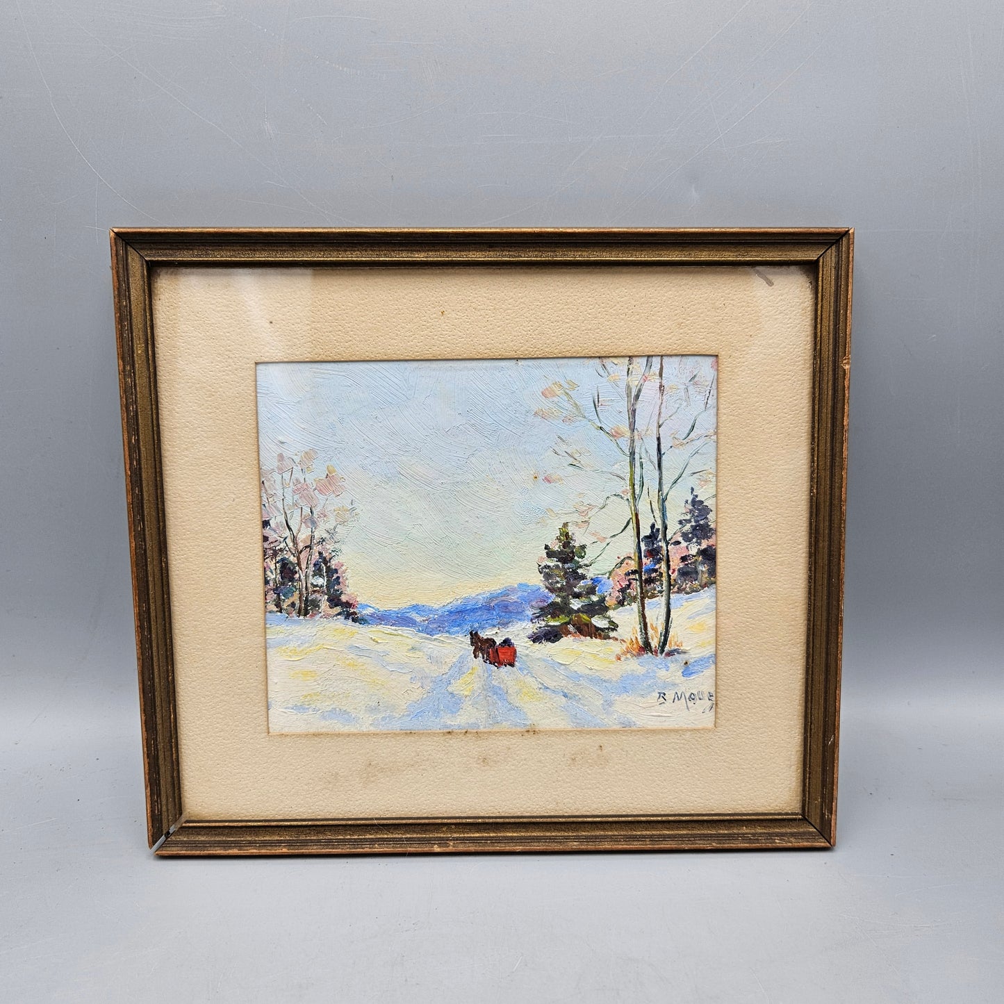 Antique Framed Painting of Winter Scene - Horse & Carriage in Snowy Landscape