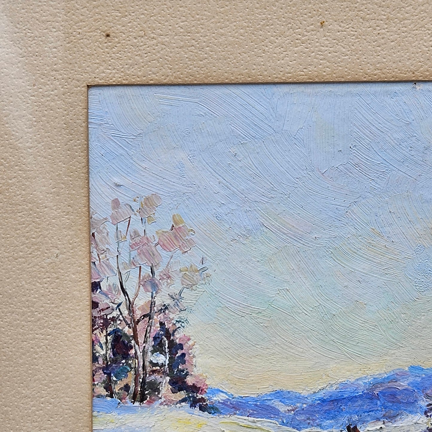 Antique Framed Painting of Winter Scene - Horse & Carriage in Snowy Landscape