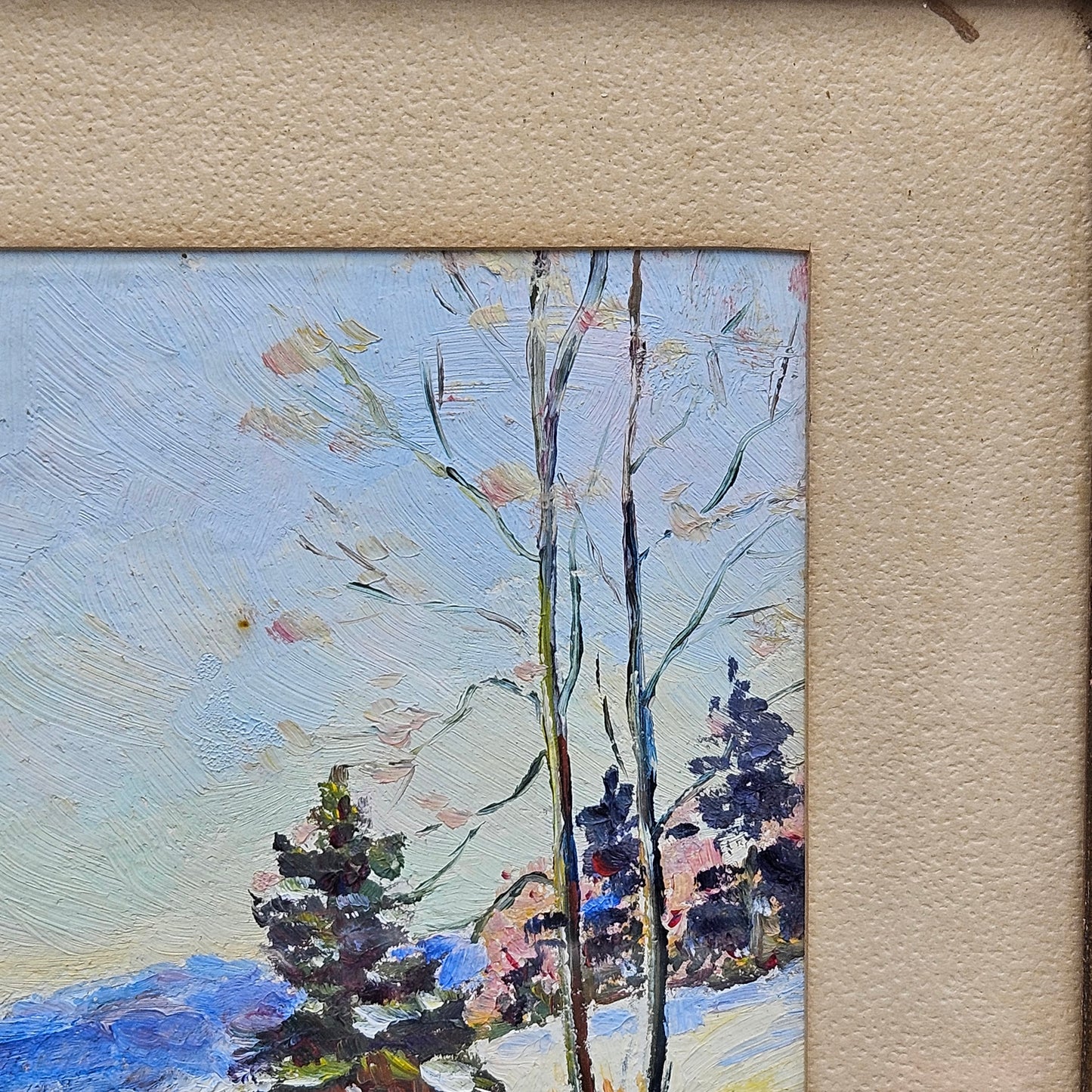 Antique Framed Painting of Winter Scene - Horse & Carriage in Snowy Landscape