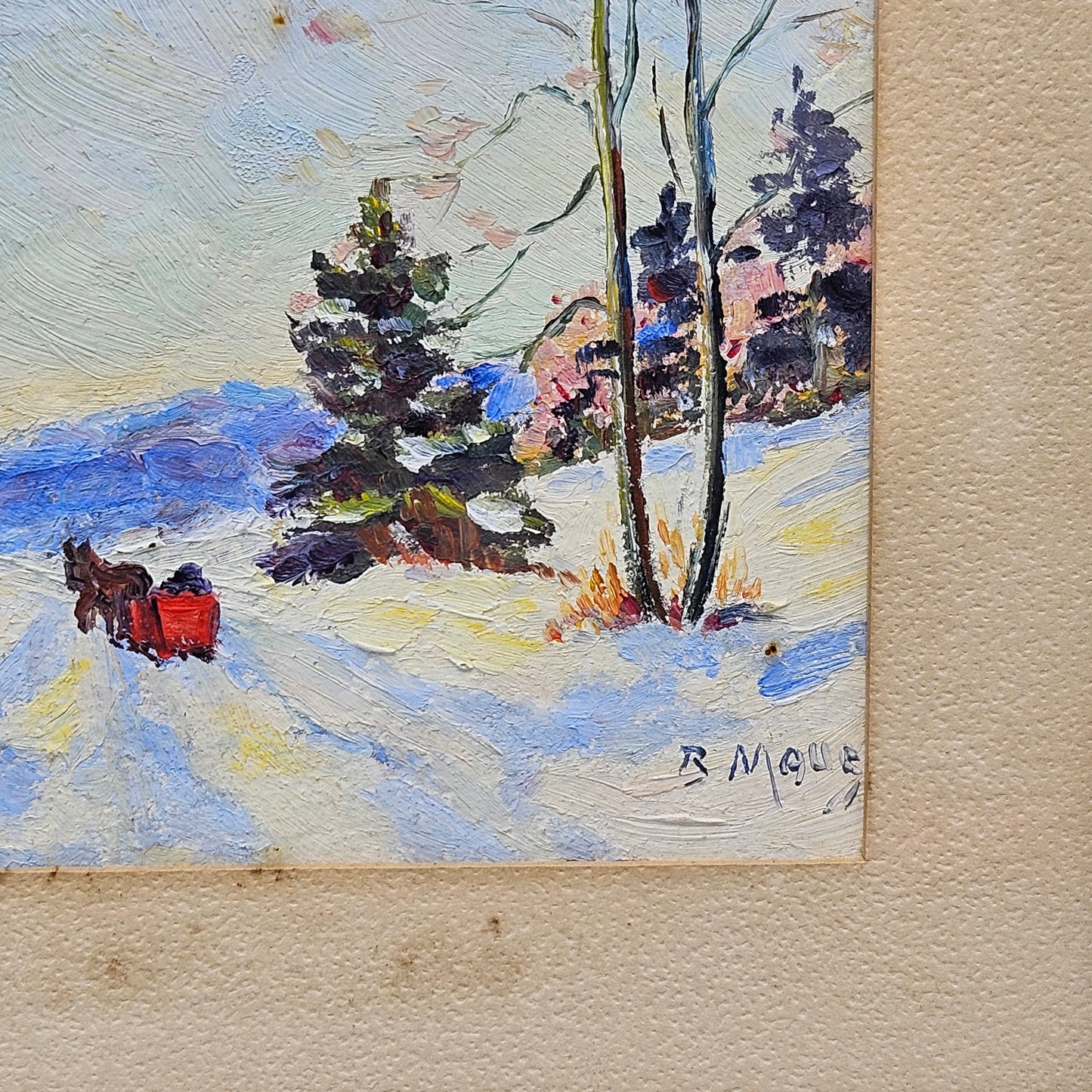 Antique Framed Painting of Winter Scene - Horse & Carriage in Snowy Landscape