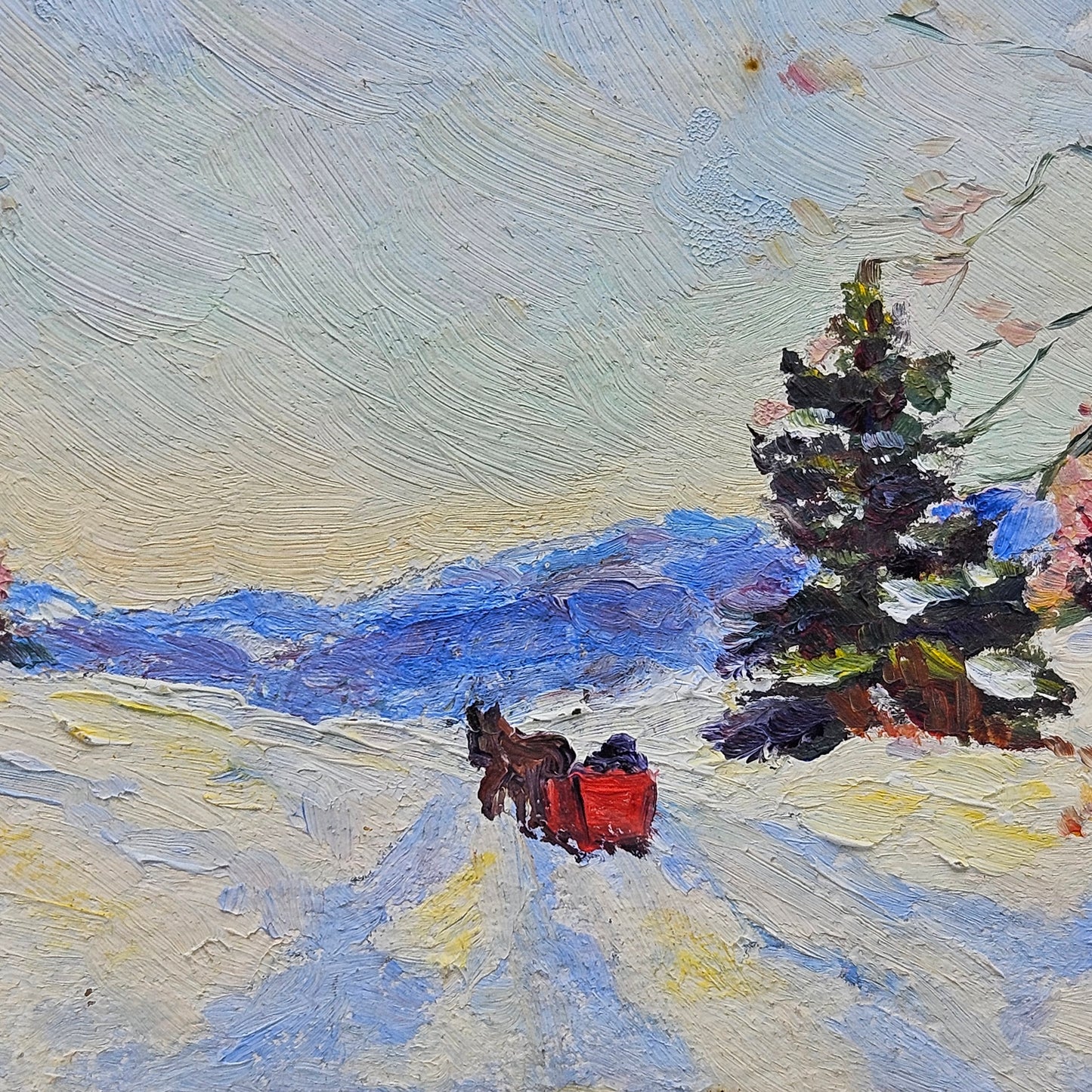 Antique Framed Painting of Winter Scene - Horse & Carriage in Snowy Landscape