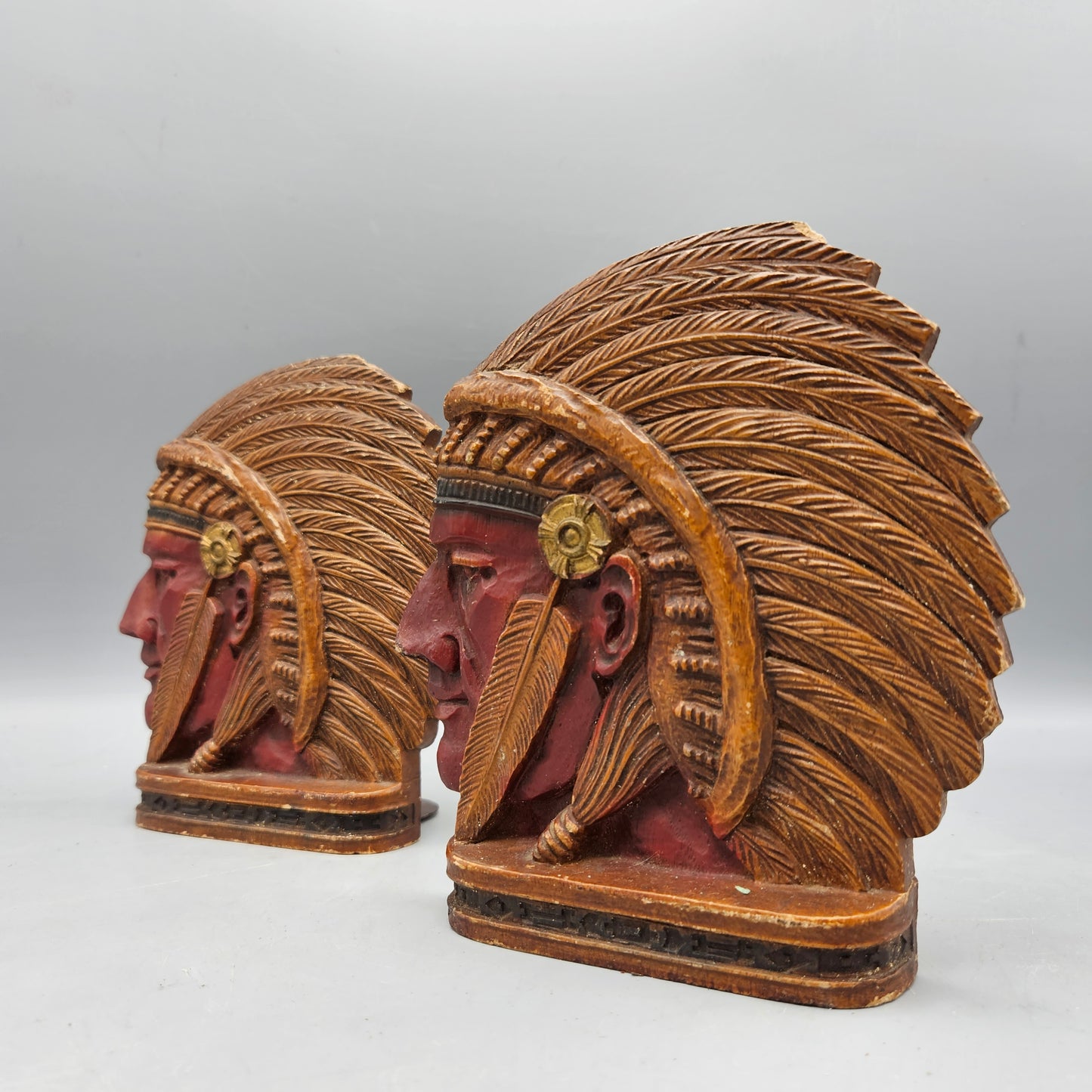 Antique Indian Head Plaster / Chalk Native American Bookend Set