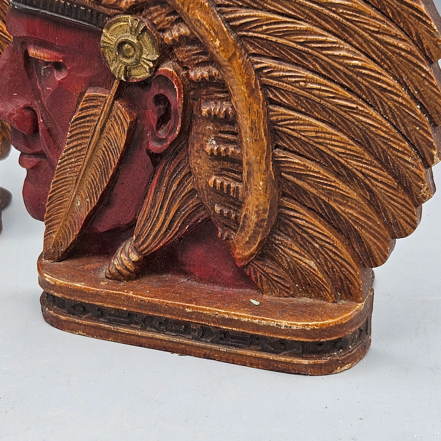 Antique Indian Head Plaster / Chalk Native American Bookend Set