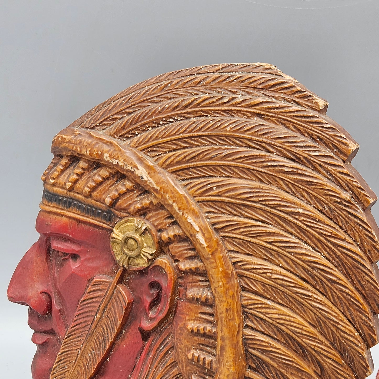 Antique Indian Head Plaster / Chalk Native American Bookend Set