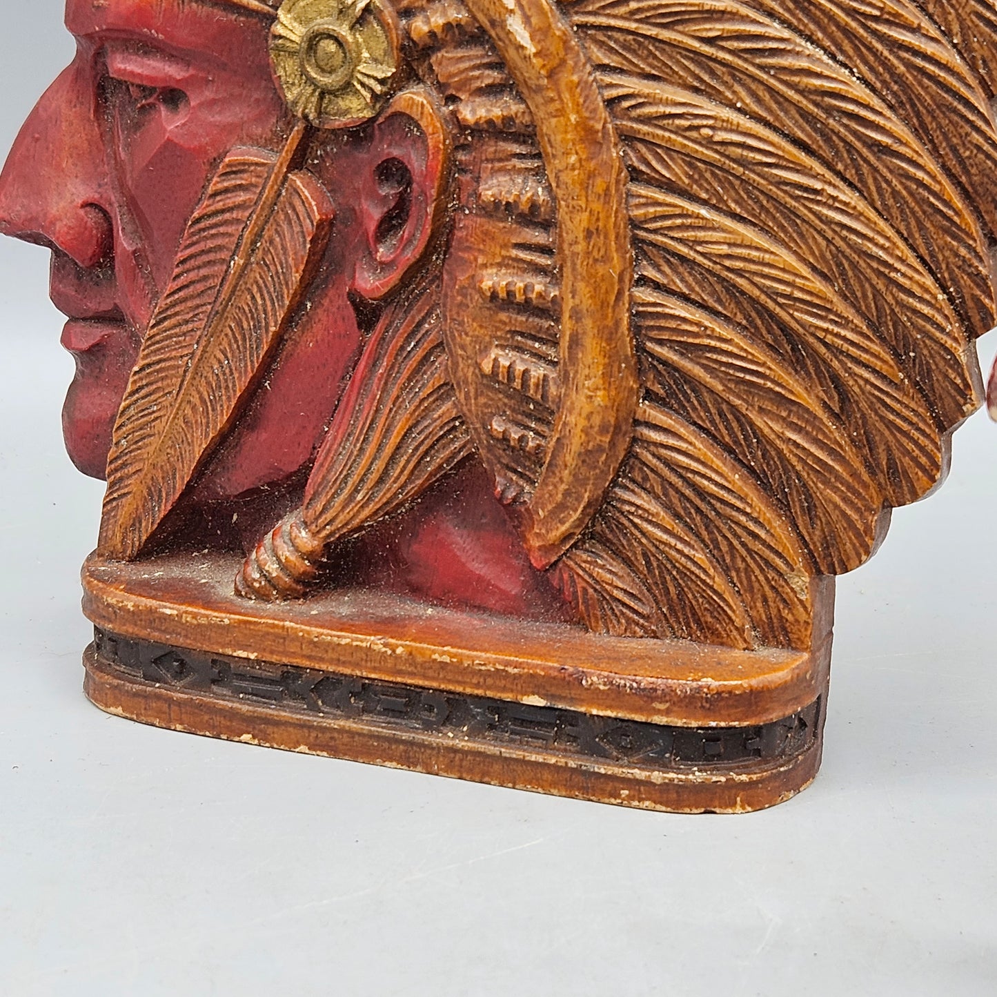 Antique Indian Head Plaster / Chalk Native American Bookend Set