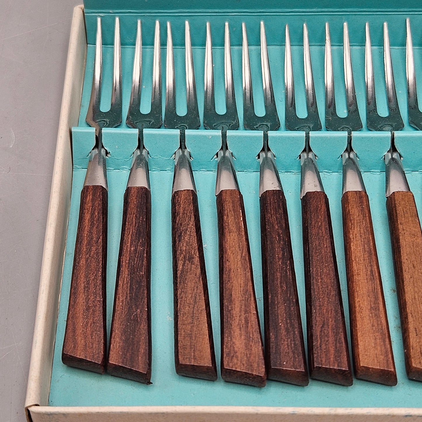 Set of 12 Vintage Teakwood 18-8 Stainless Steel Forks - Made in Japan