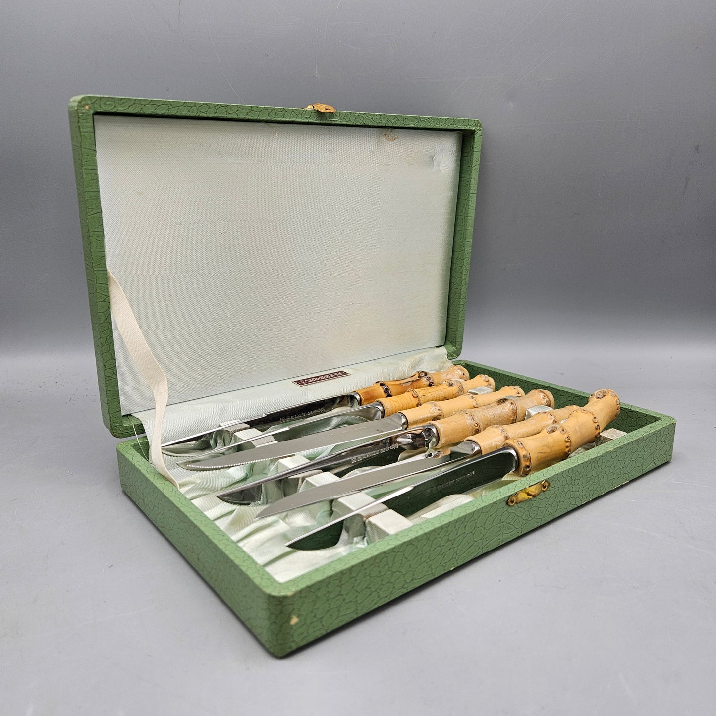 Vintage Set of 6 Bamboo Handled Steak Knives in Box