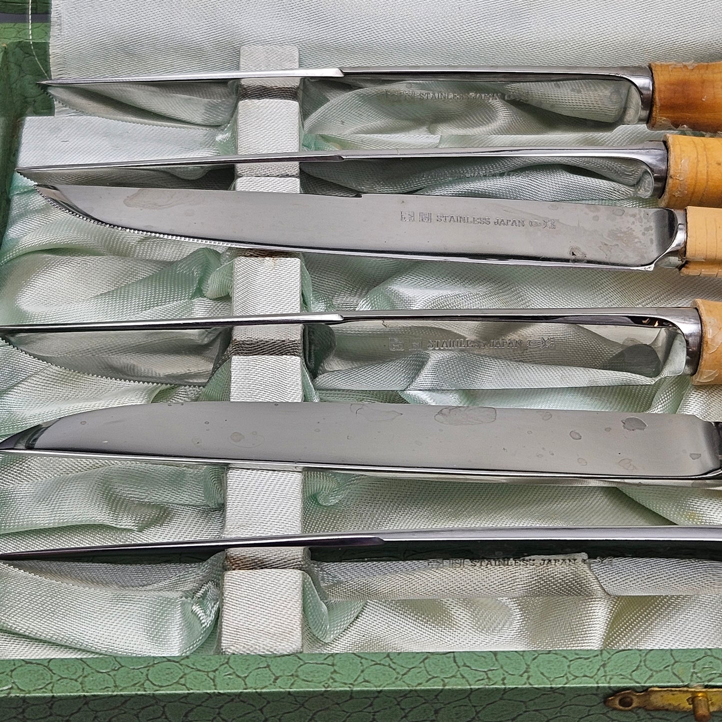 Vintage Set of 6 Bamboo Handled Steak Knives in Box