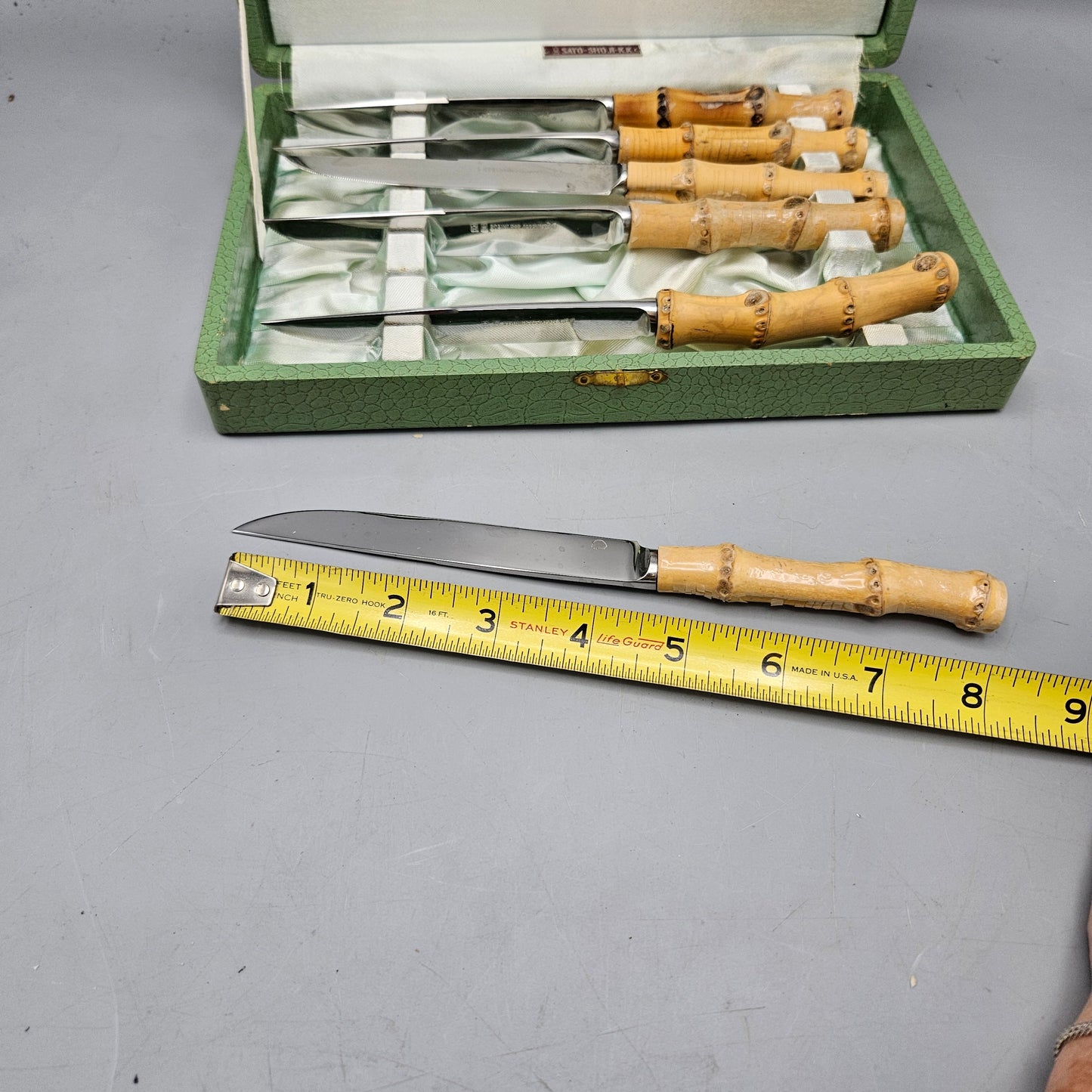Vintage Set of 6 Bamboo Handled Steak Knives in Box