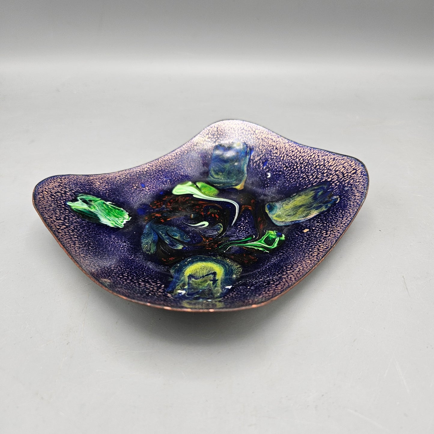 Abstract Purple & Green Painted Enamel Dish