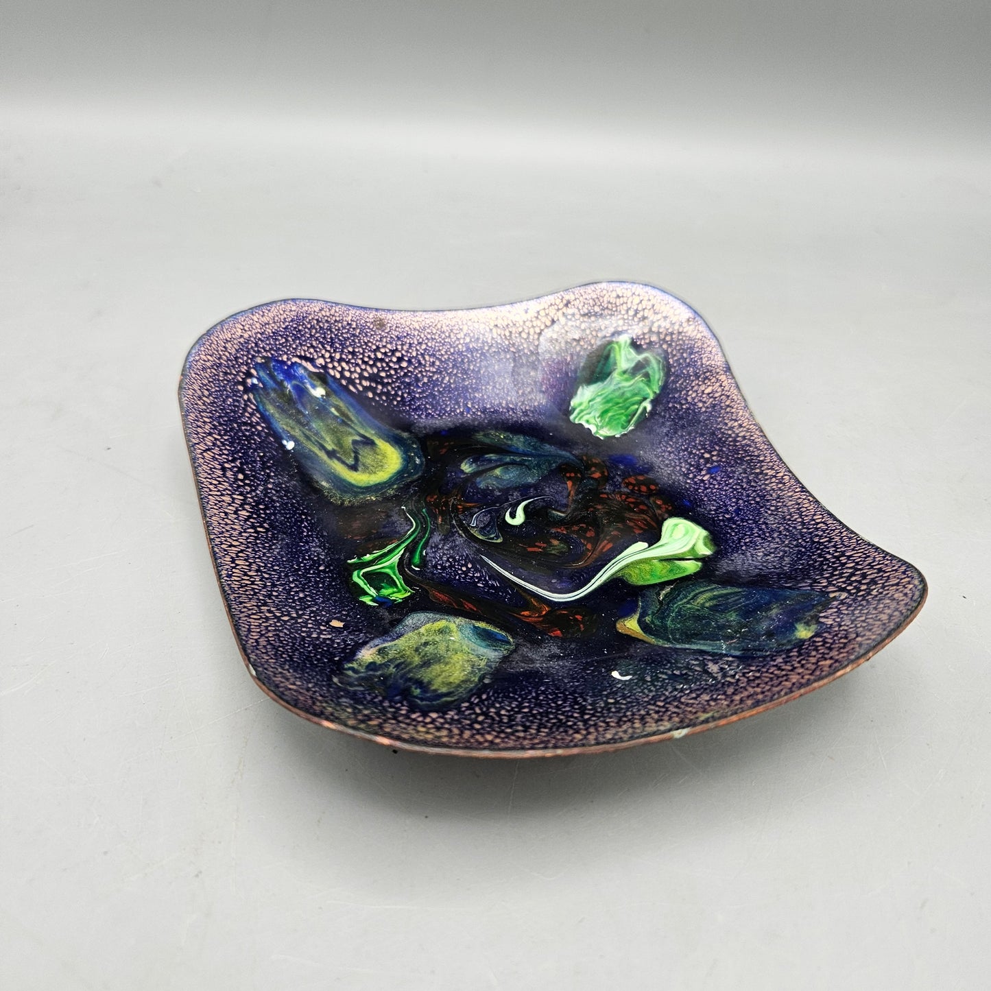 Abstract Purple & Green Painted Enamel Dish