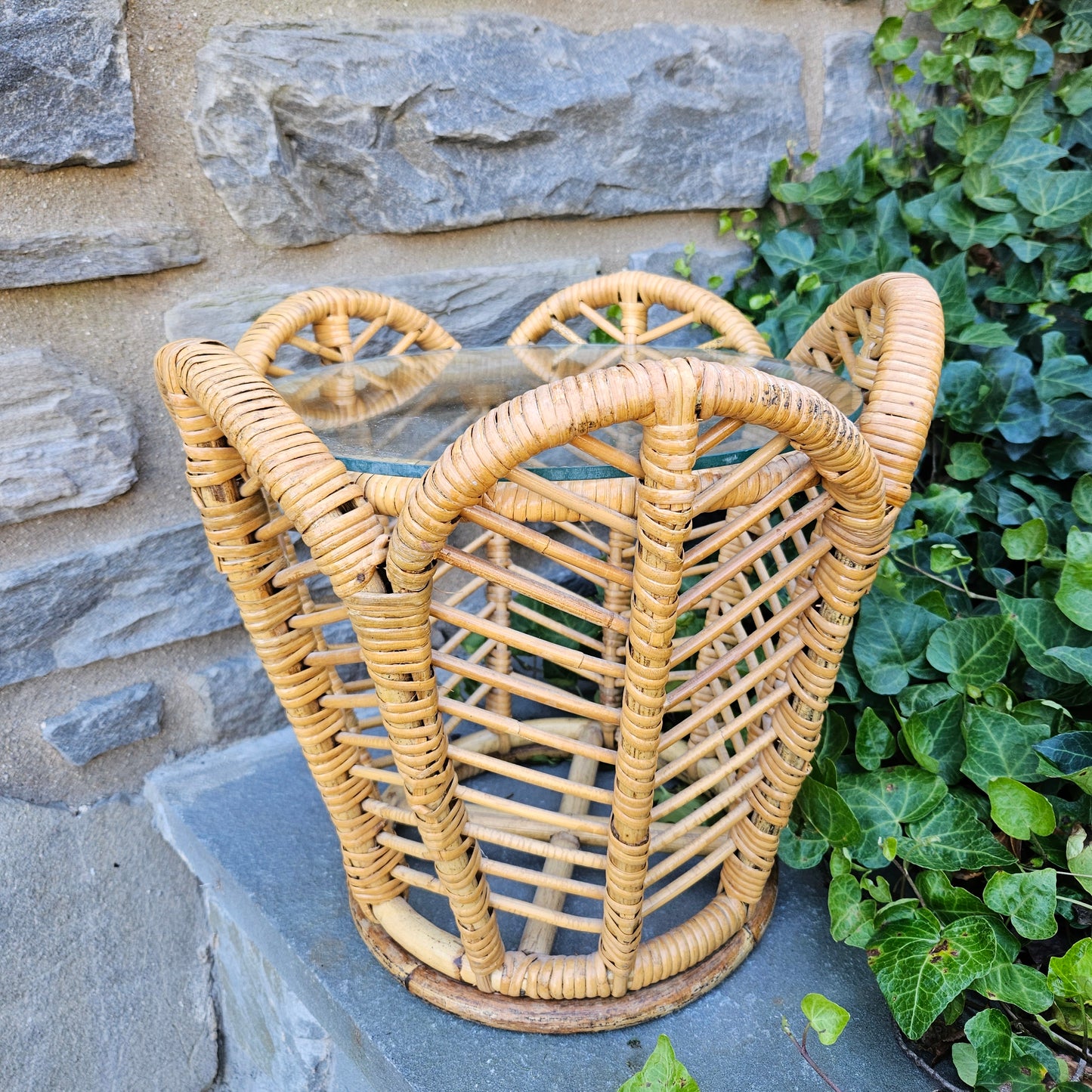 Vintage Boho Chic Pedal Table / Rattan with Glass Top