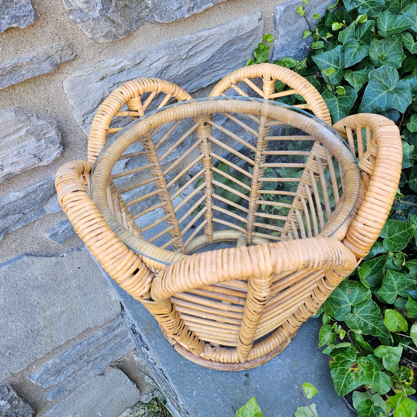 Vintage Boho Chic Pedal Table / Rattan with Glass Top