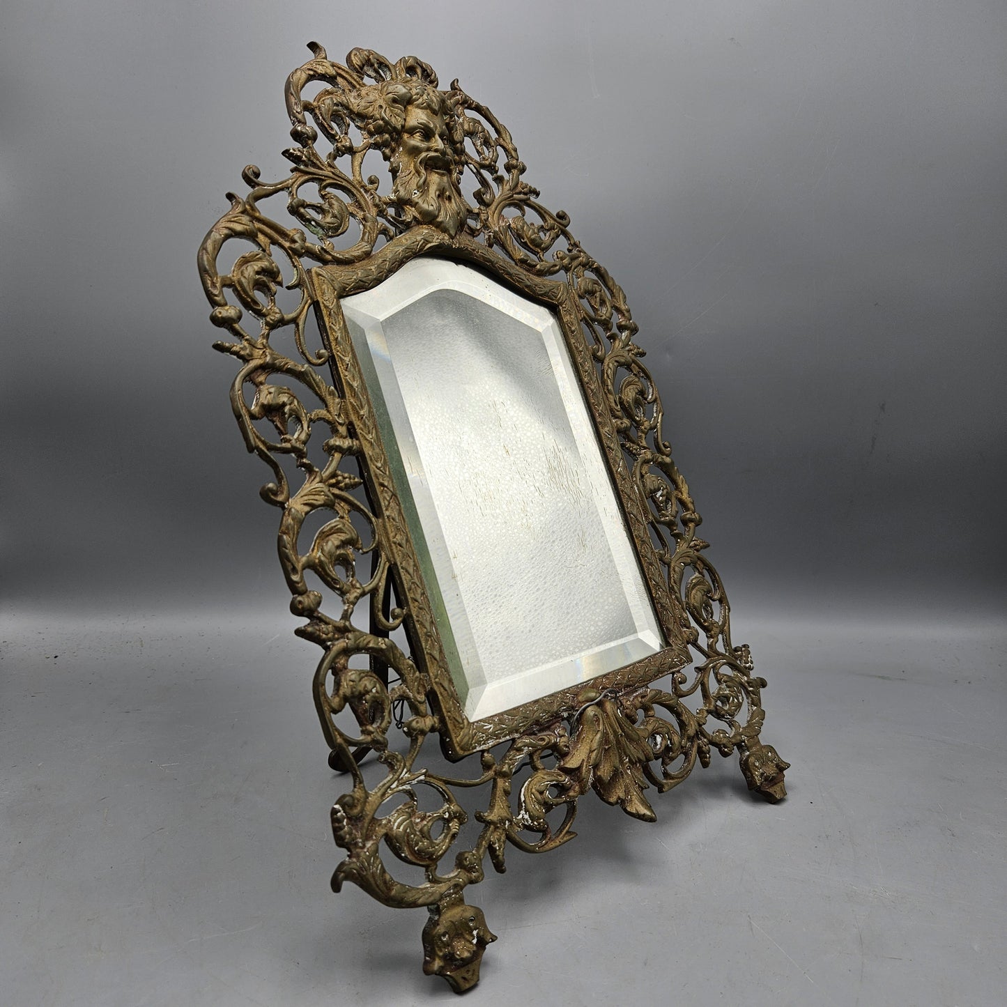 Vintage French Brass Small Beveled Glass Vanity Shaving Mirror with Bacchus Face