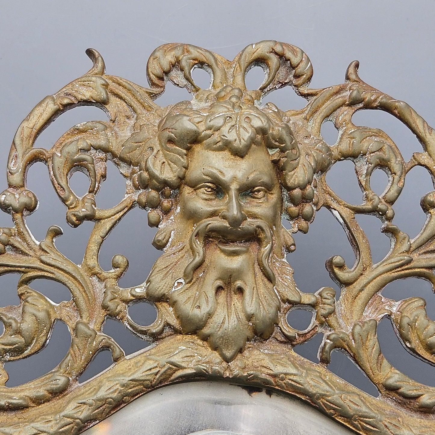 Vintage French Brass Small Beveled Glass Vanity Shaving Mirror with Bacchus Face