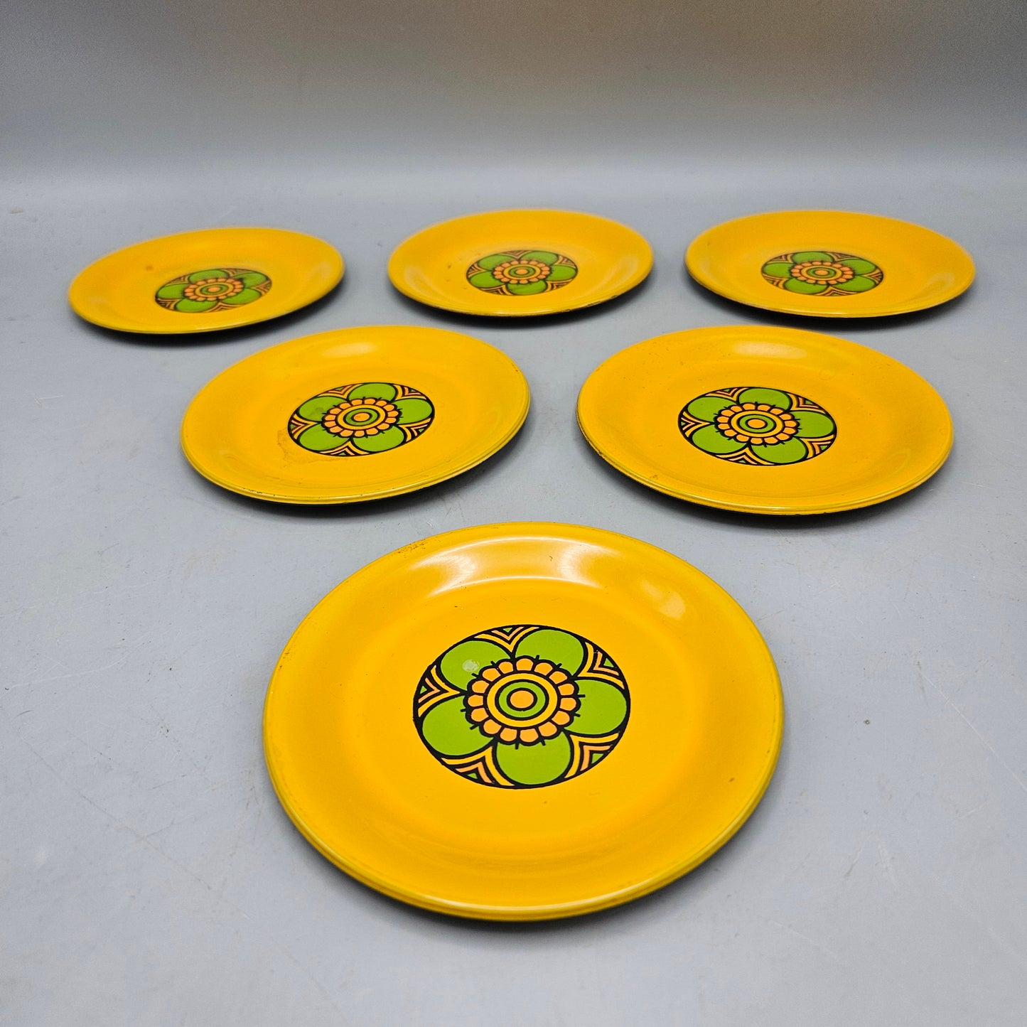 Set of 6 Vintage Metal Yellow Floral Coasters
