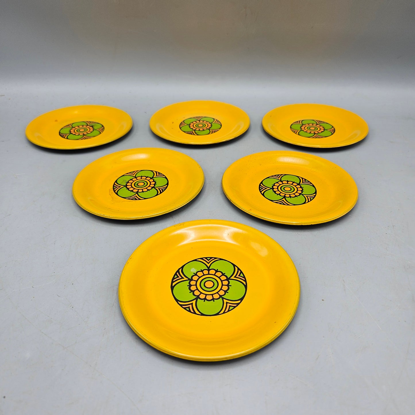 Set of 6 Vintage Metal Yellow Floral Coasters