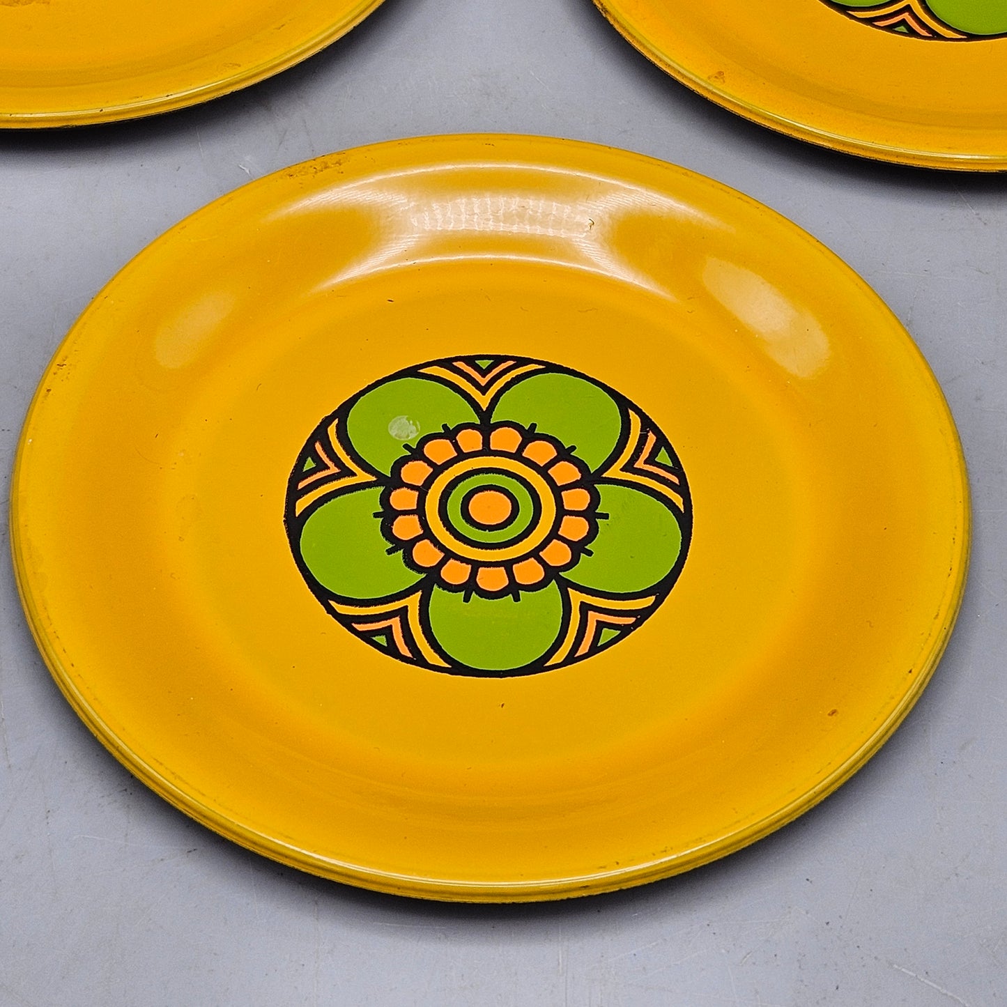 Set of 6 Vintage Metal Yellow Floral Coasters