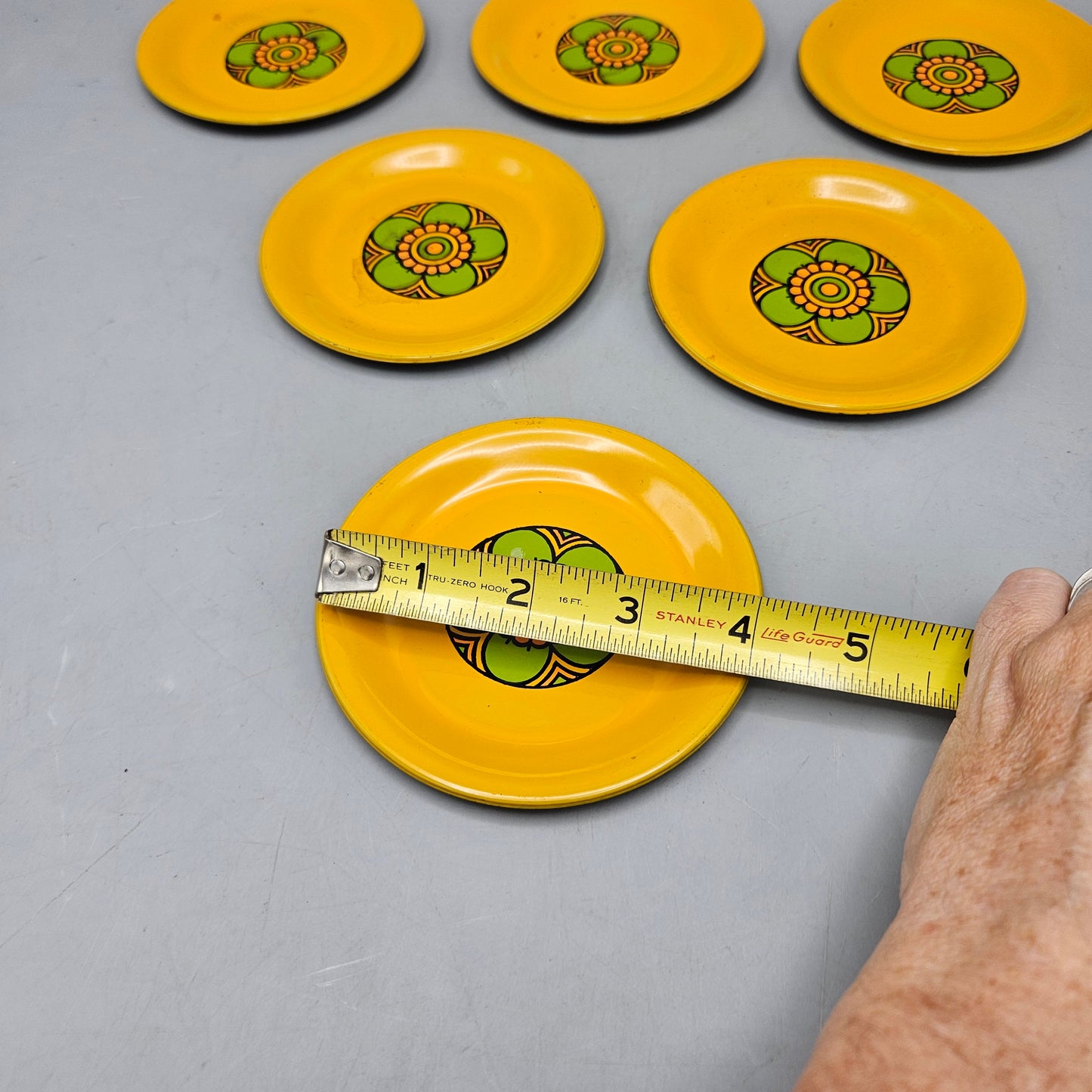 Set of 6 Vintage Metal Yellow Floral Coasters