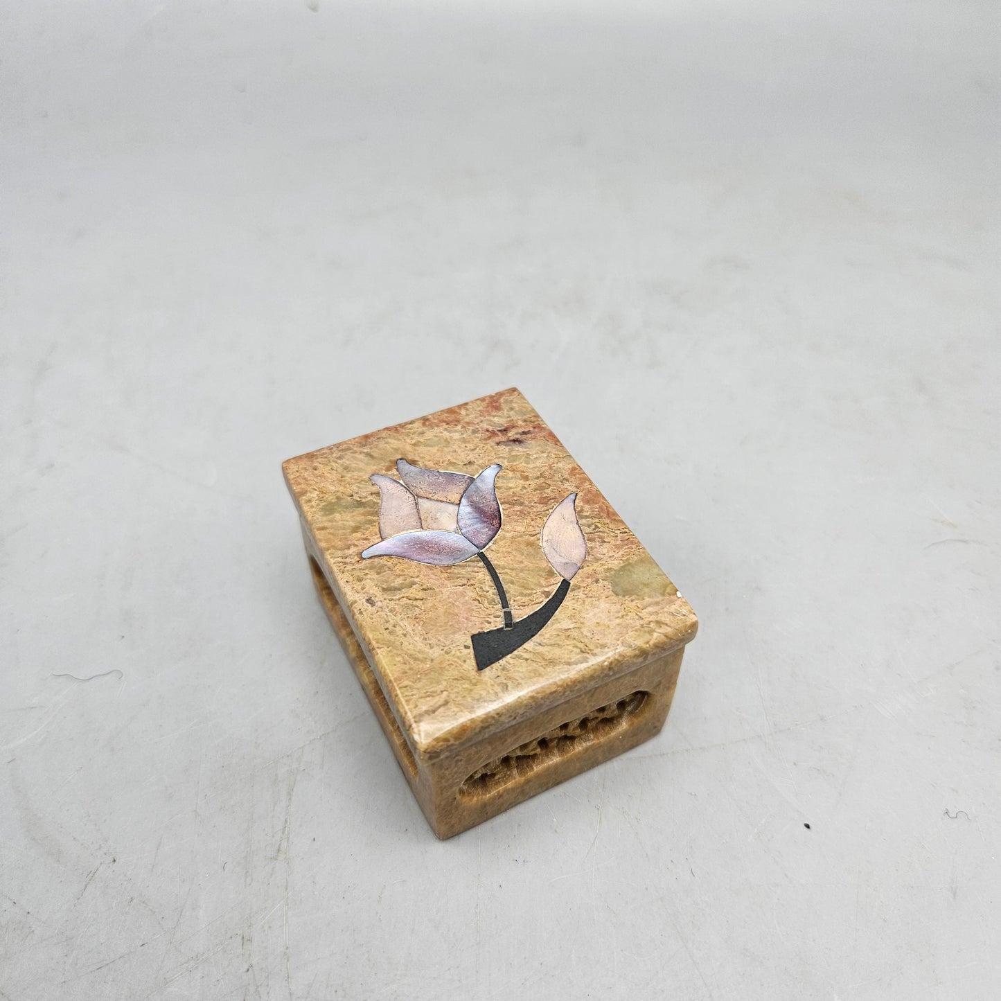 Vintage Soap Stone Trinket Box with Floral Inlay